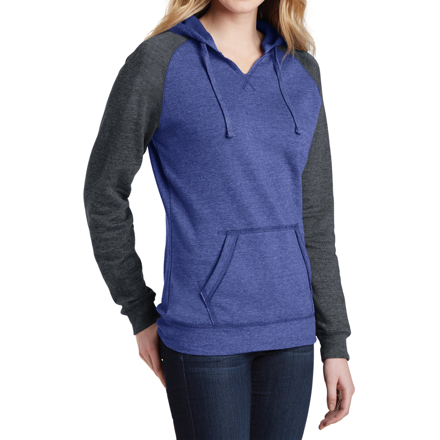 Women's Juniors Lightweight Fleece Raglan Hoodie Heathered Deep Royal/Heathered Charcoal - Side