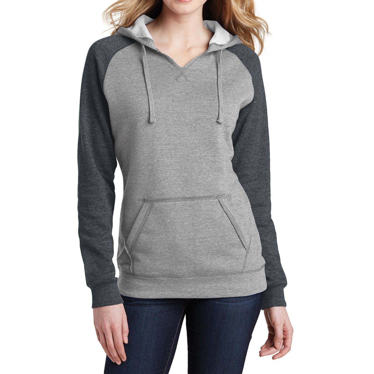Women's Juniors Lightweight Fleece Raglan Hoodie Heathered Grey/Heathered Charcoal - Front