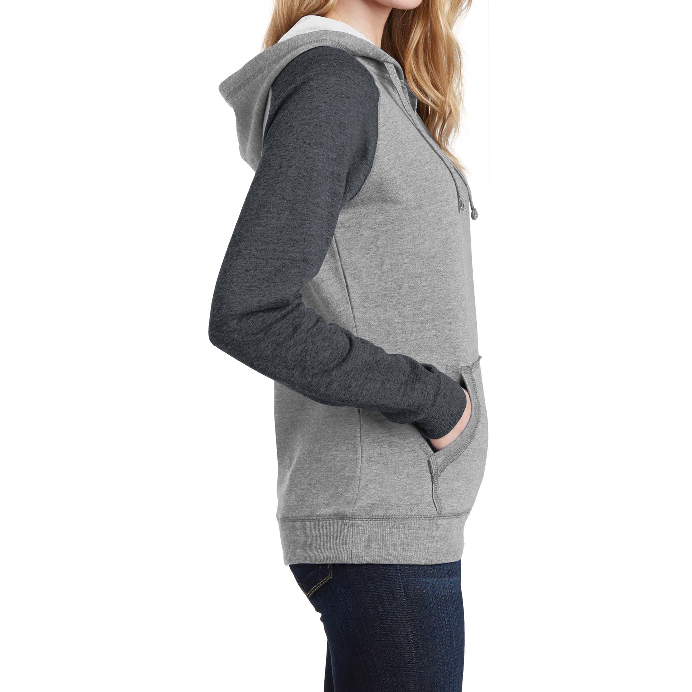 Women's Juniors Lightweight Fleece Raglan Hoodie Heathered Grey/Heathered Charcoal - Side