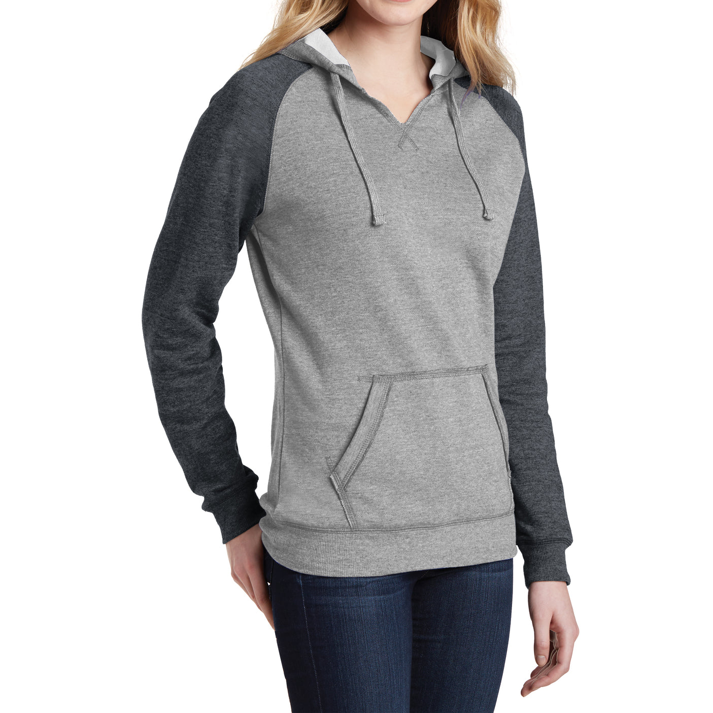 Women's Juniors Lightweight Fleece Raglan Hoodie Heathered Grey/Heathered Charcoal - Side