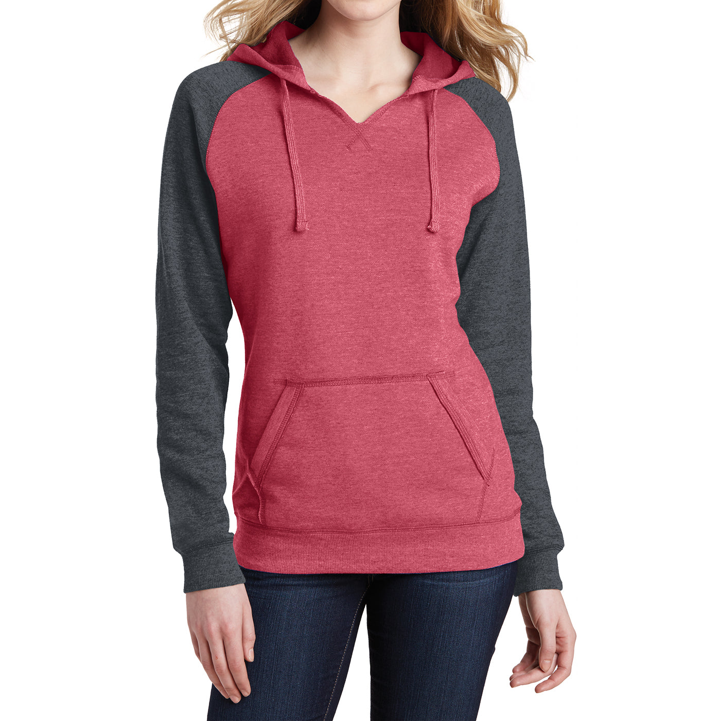 Women's Juniors Lightweight Fleece Raglan Hoodie Heathered Red/Heathered Charcoal - Front