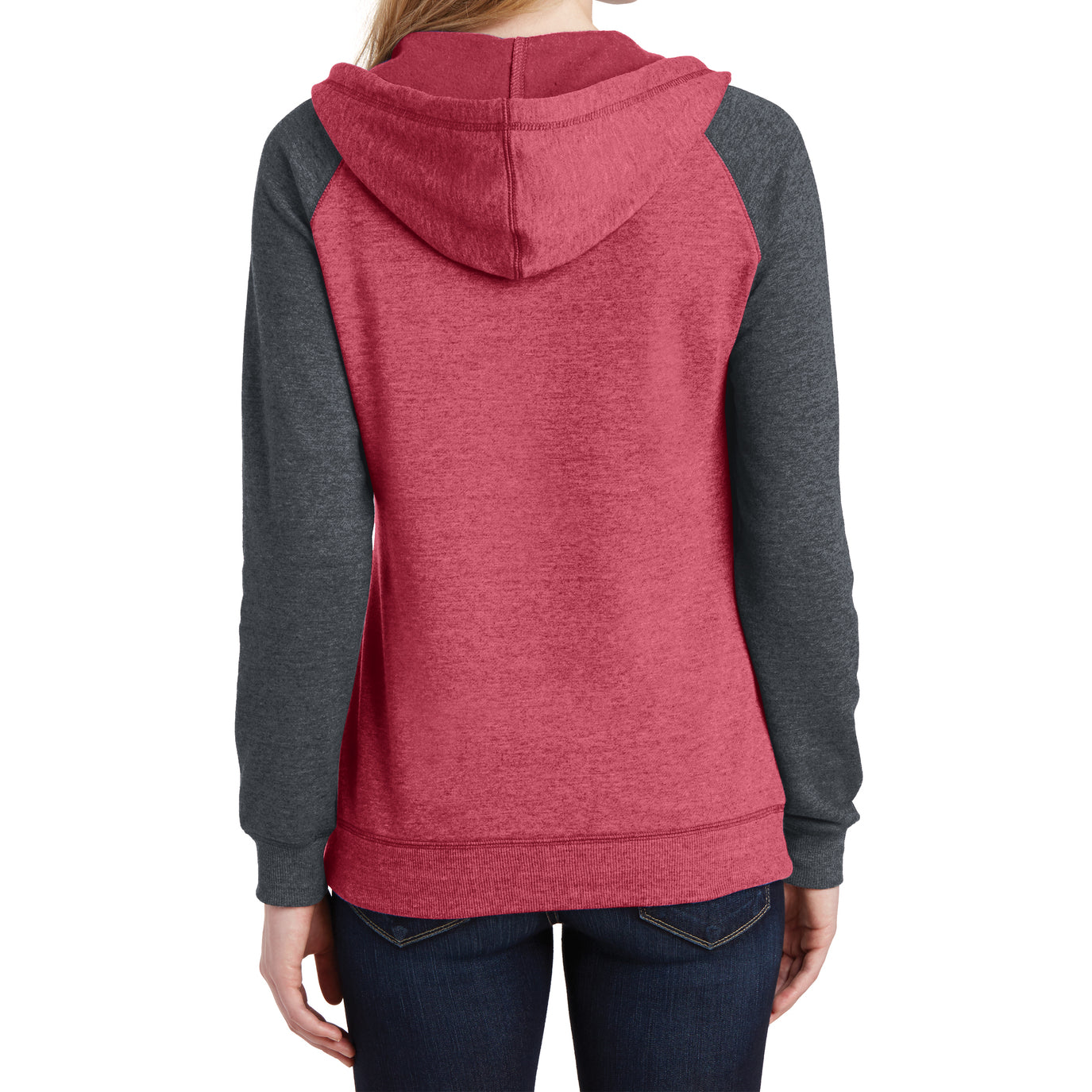 Women's Juniors Lightweight Fleece Raglan Hoodie Heathered Red/Heathered Charcoal - Back