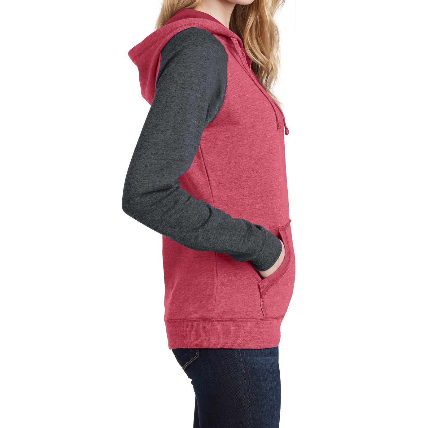 Women's Juniors Lightweight Fleece Raglan Hoodie Heathered Red/Heathered Charcoal - Side