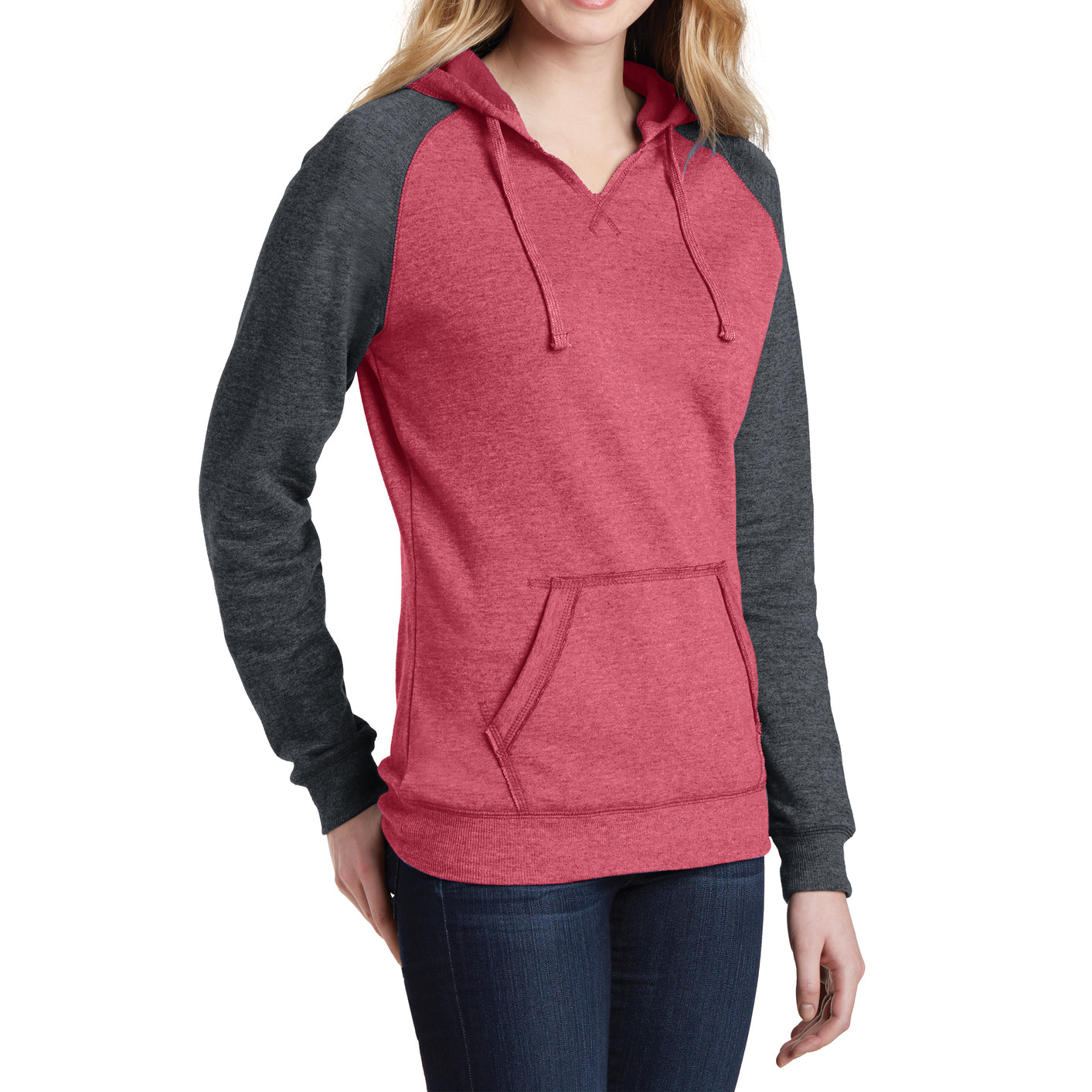 Women's Juniors Lightweight Fleece Raglan Hoodie Heathered Red/Heathered Charcoal - Side