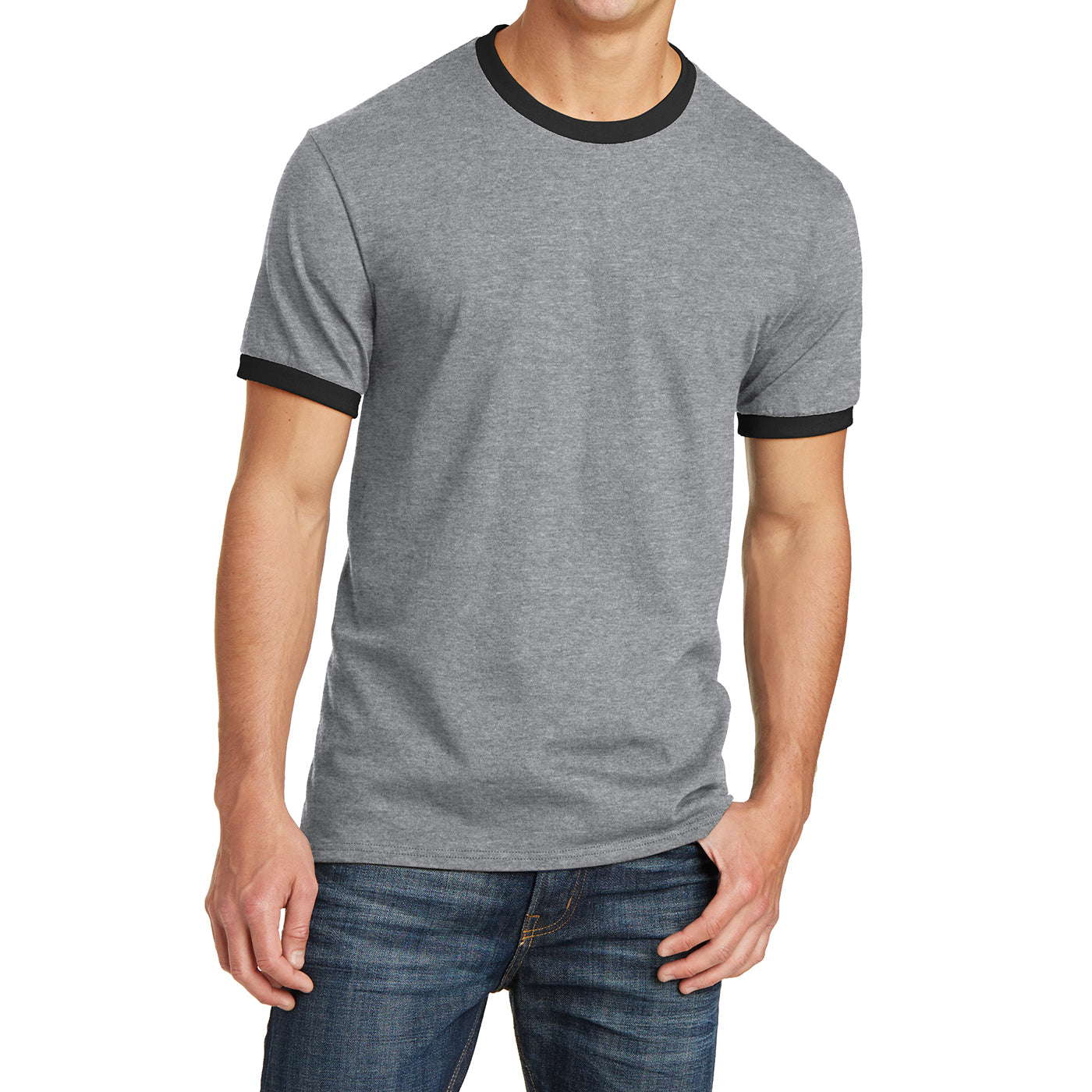 Men's Core Cotton Ringer Tee - Athletic Heather/Jet Black - Front