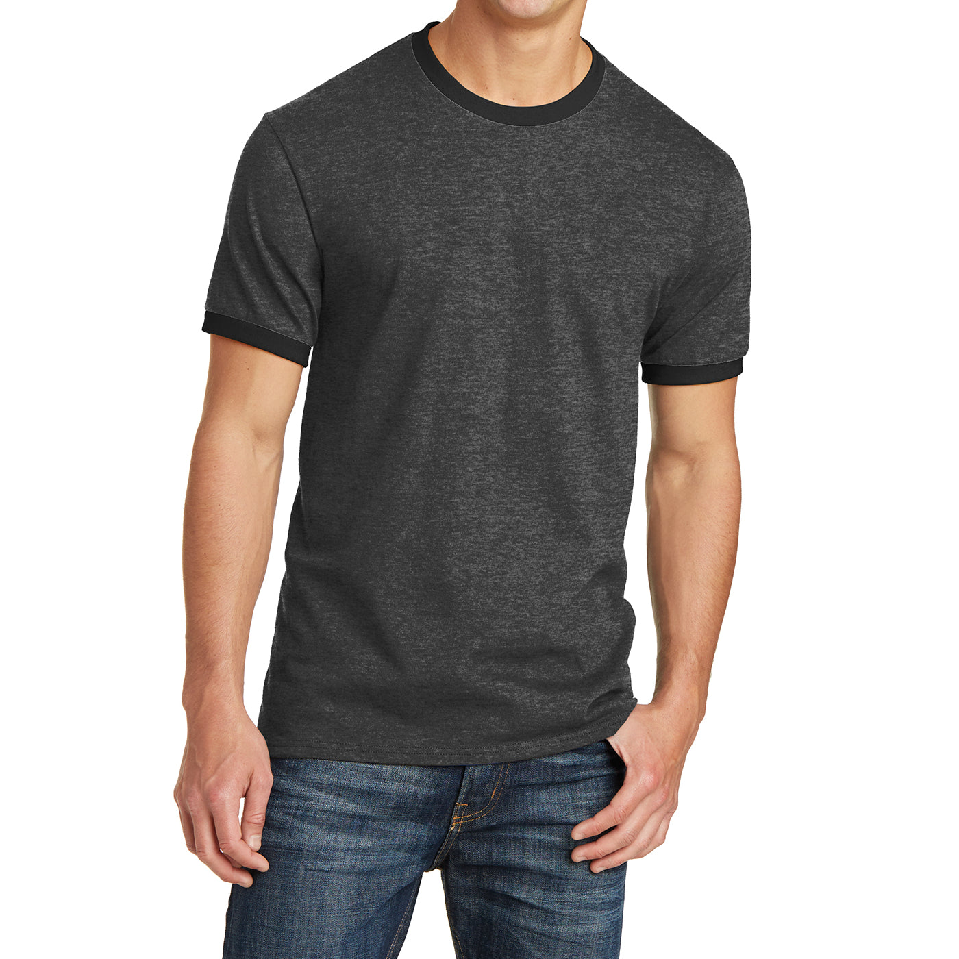 Men's Core Cotton Ringer Tee - Dark Heather Grey/Jet Black - Front
