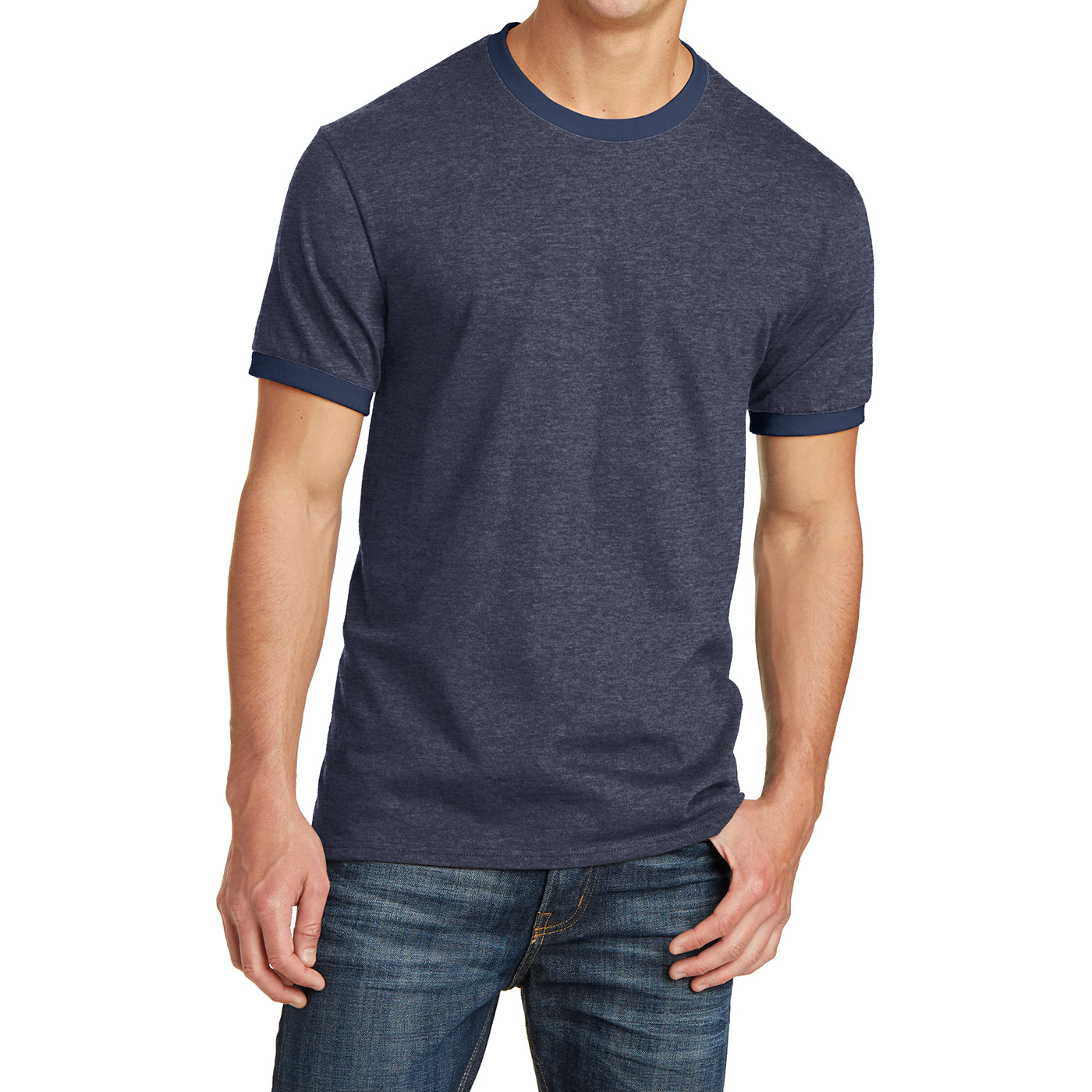 Men's Core Cotton Ringer Tee - Heather Navy/Navy - Front