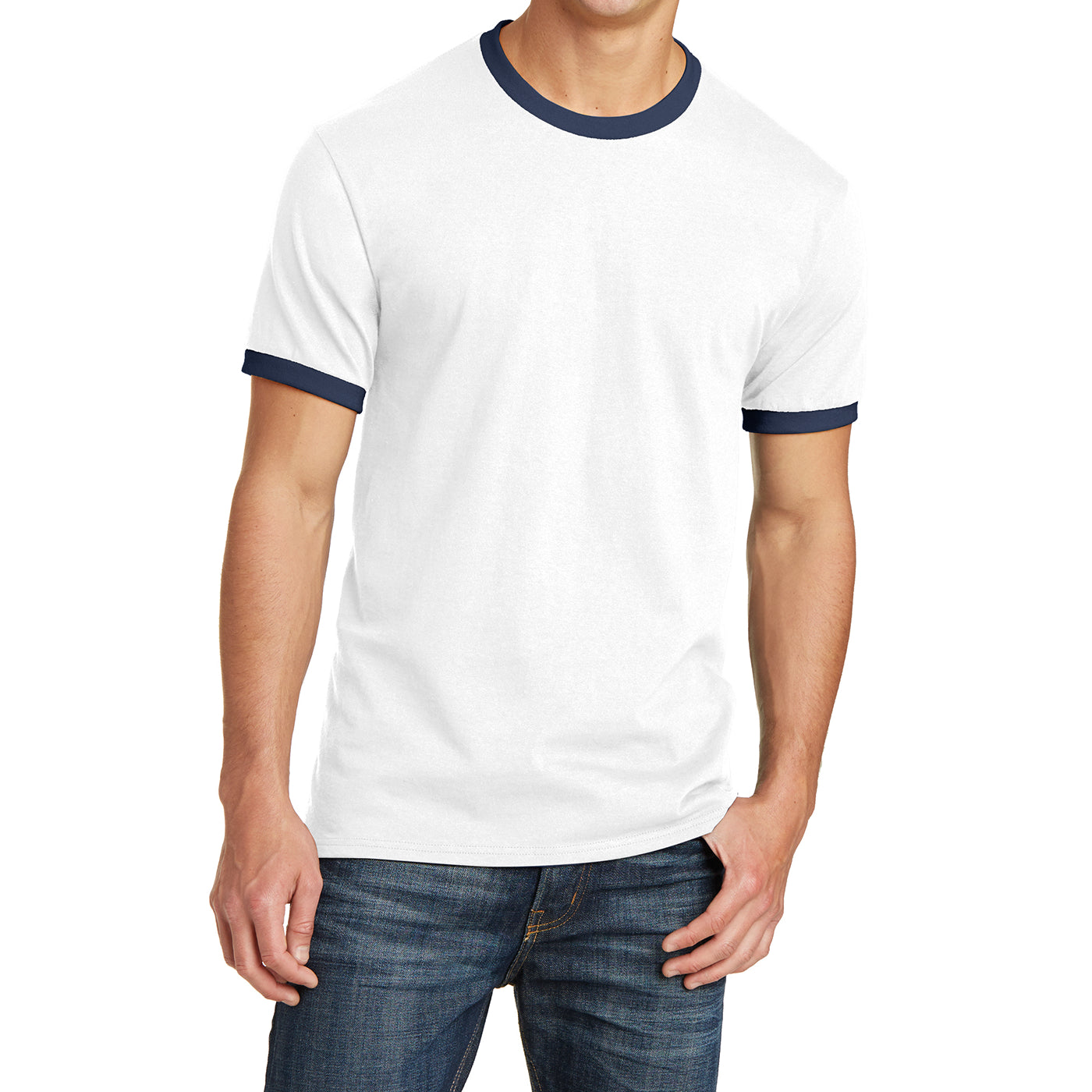 Men's Core Cotton Ringer Tee - White/Navy - Front