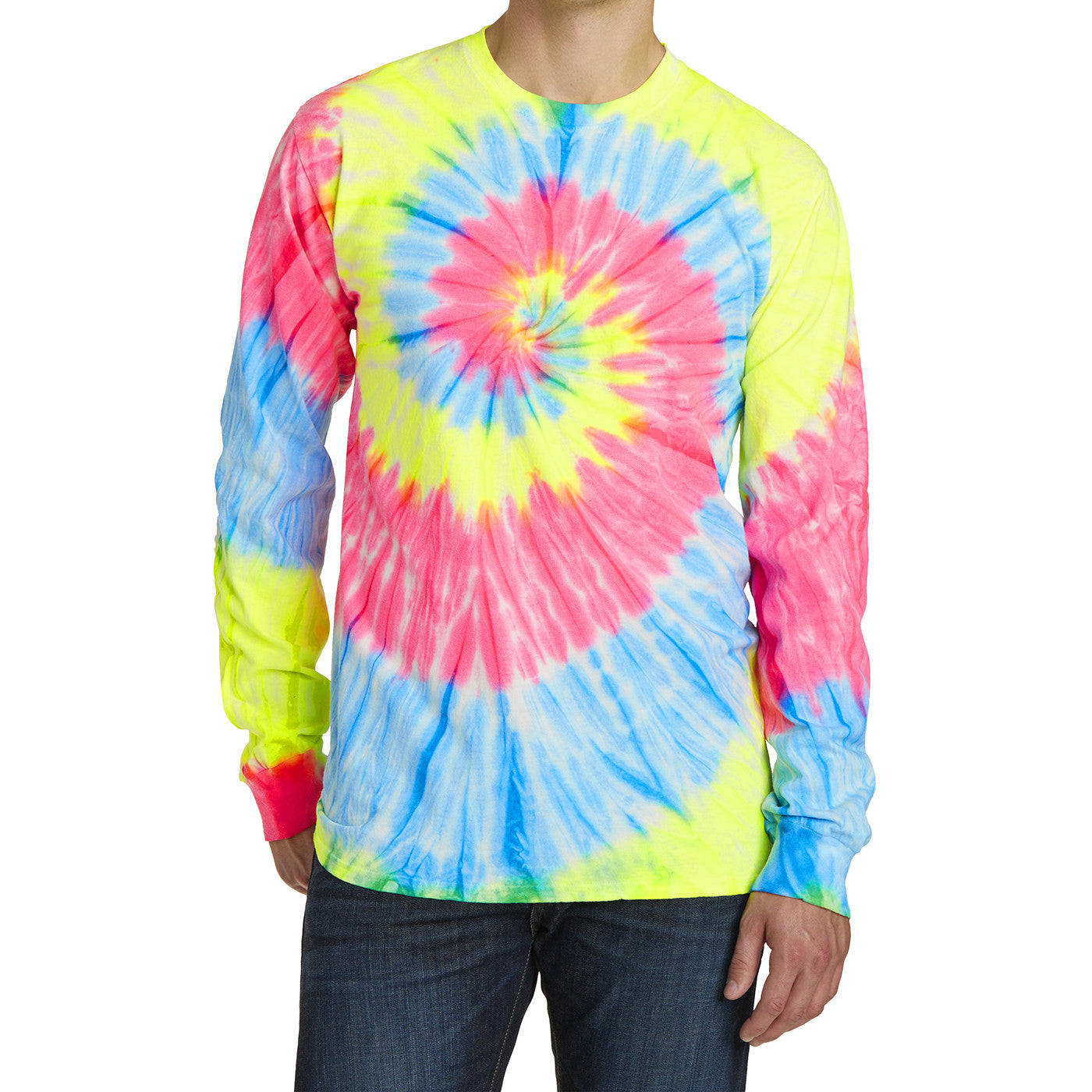 Men's Tie-Dye Long Sleeve Tee - Neon Rainbow - Front