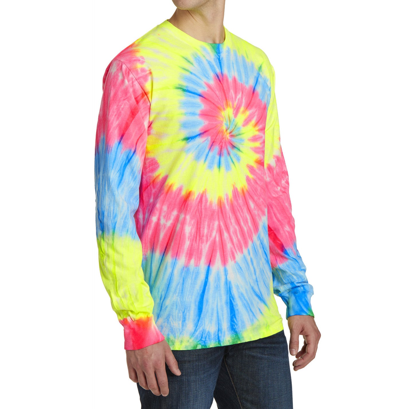 Men's Tie-Dye Long Sleeve Tee - Neon Rainbow - Side