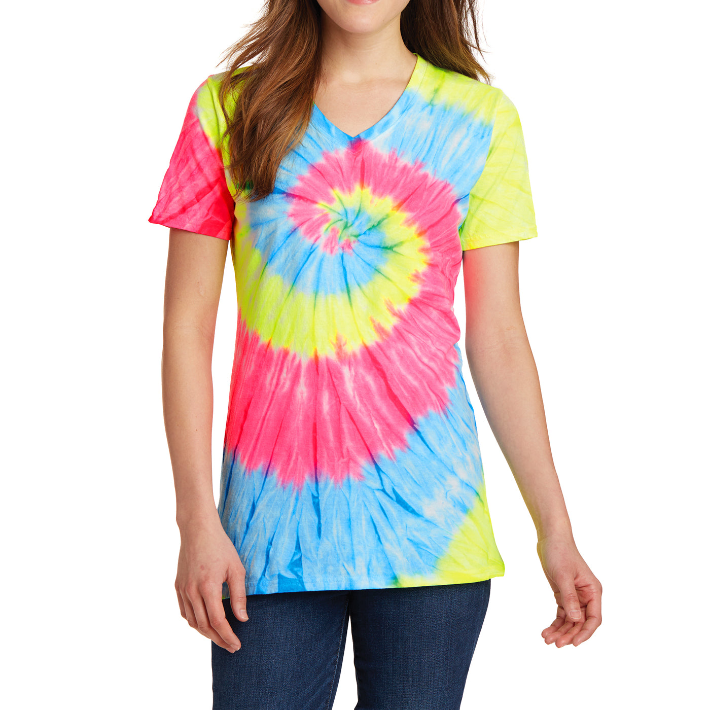 Womens Tie-Dye V-Neck Tee - Neon Rainbow - Front
