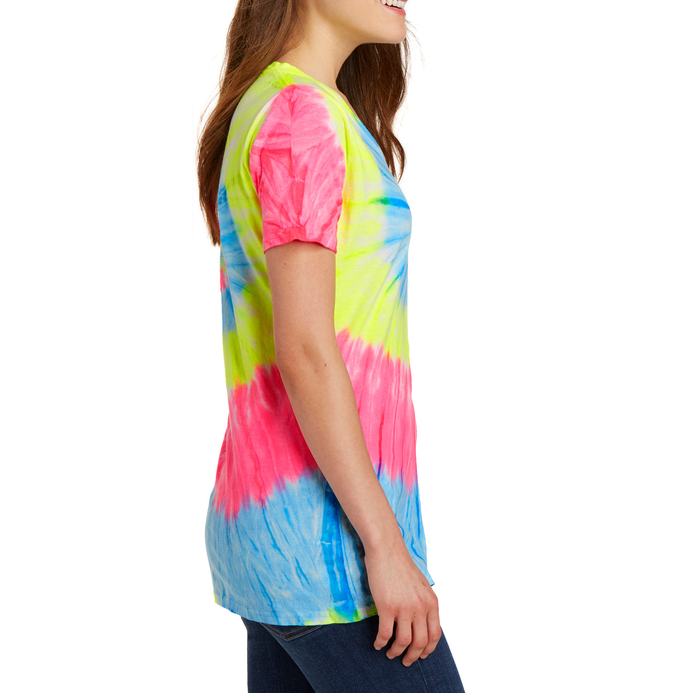 Womens Tie-Dye V-Neck Tee - Neon Rainbow - Side