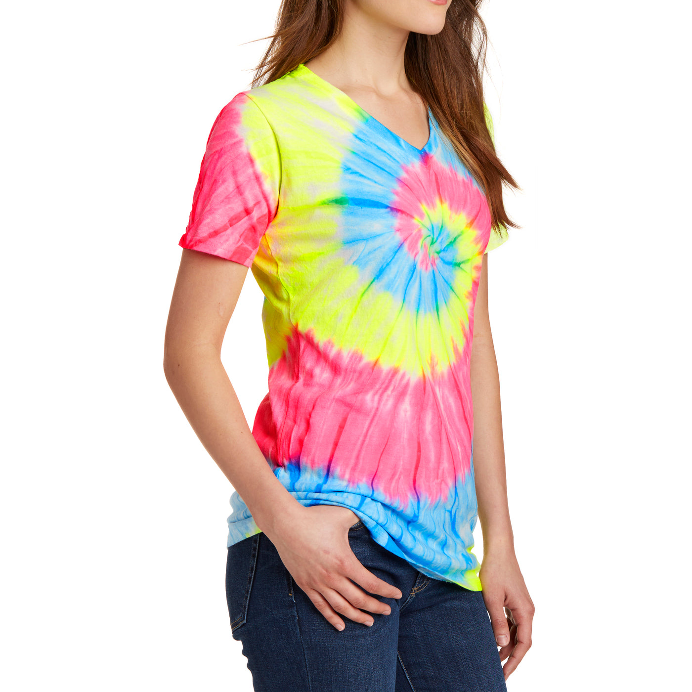 Womens Tie-Dye V-Neck Tee - Neon Rainbow - Side