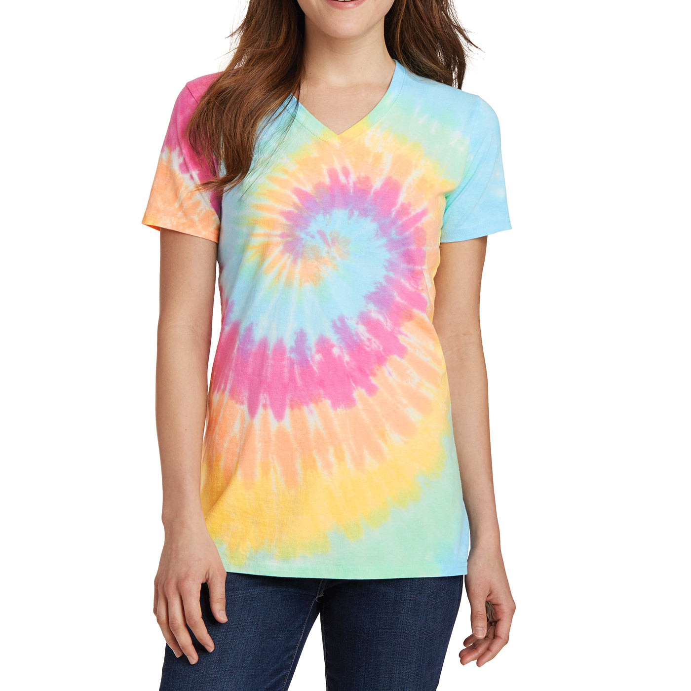 Womens Tie-Dye V-Neck Tee - Pastel Rainbow - Front