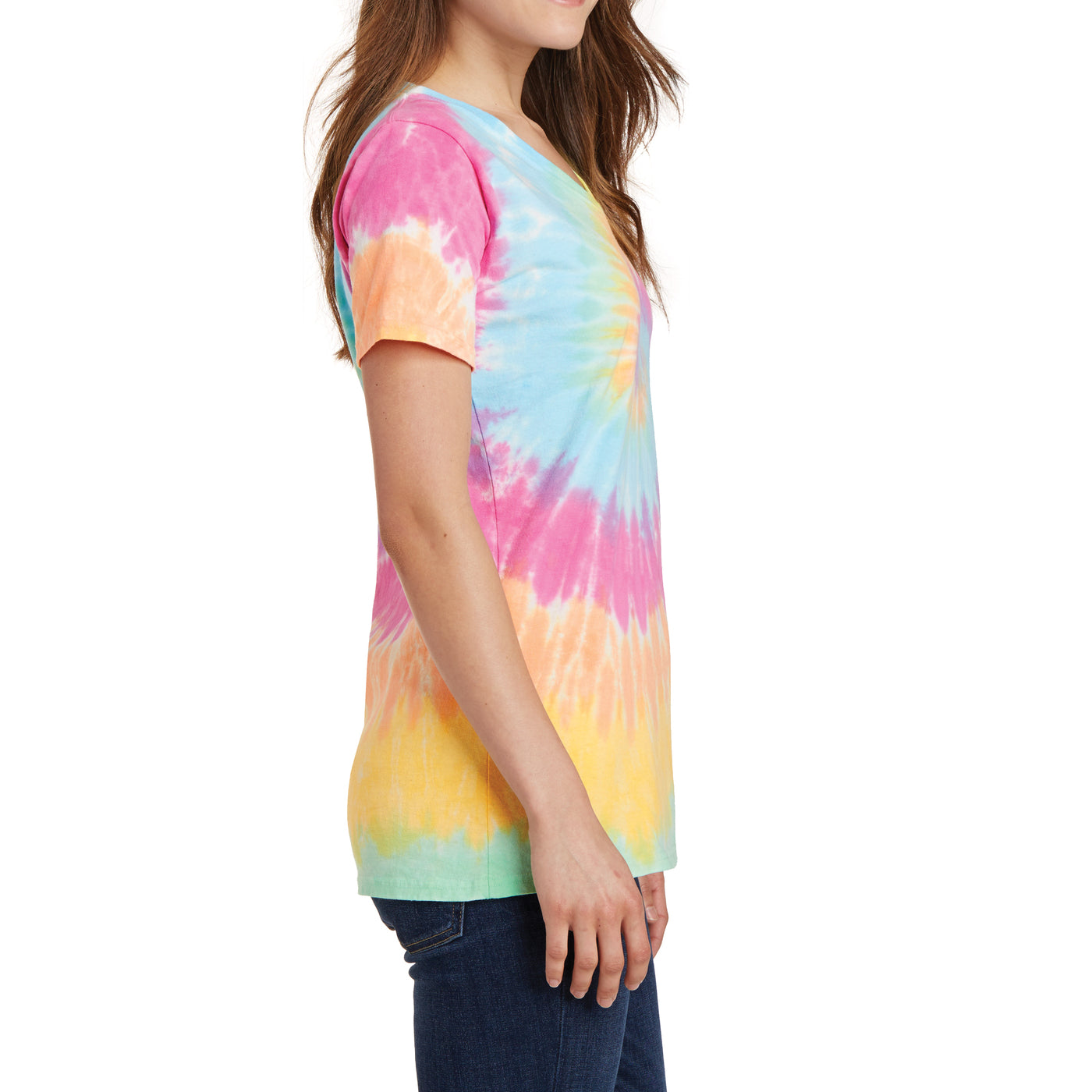 Womens Tie-Dye V-Neck Tee - Pastel Rainbow - Side