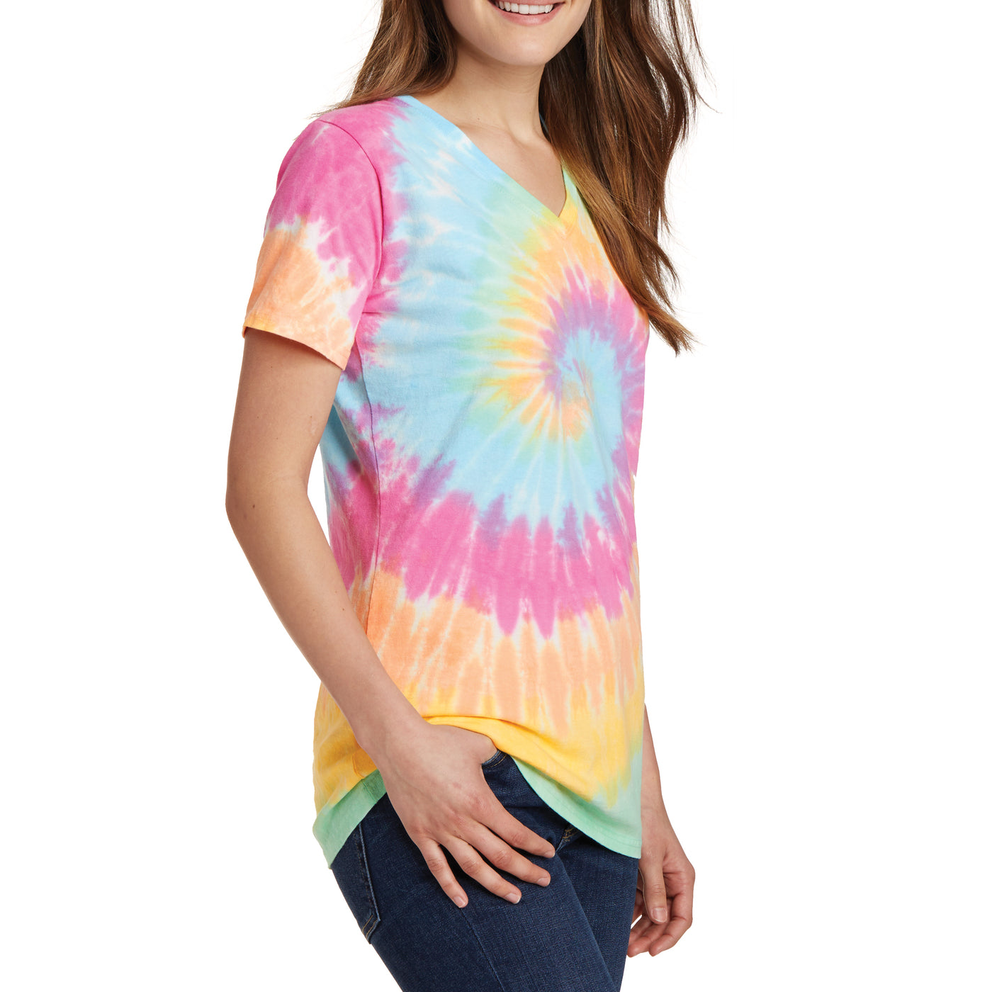 Womens Tie-Dye V-Neck Tee - Pastel Rainbow - Side