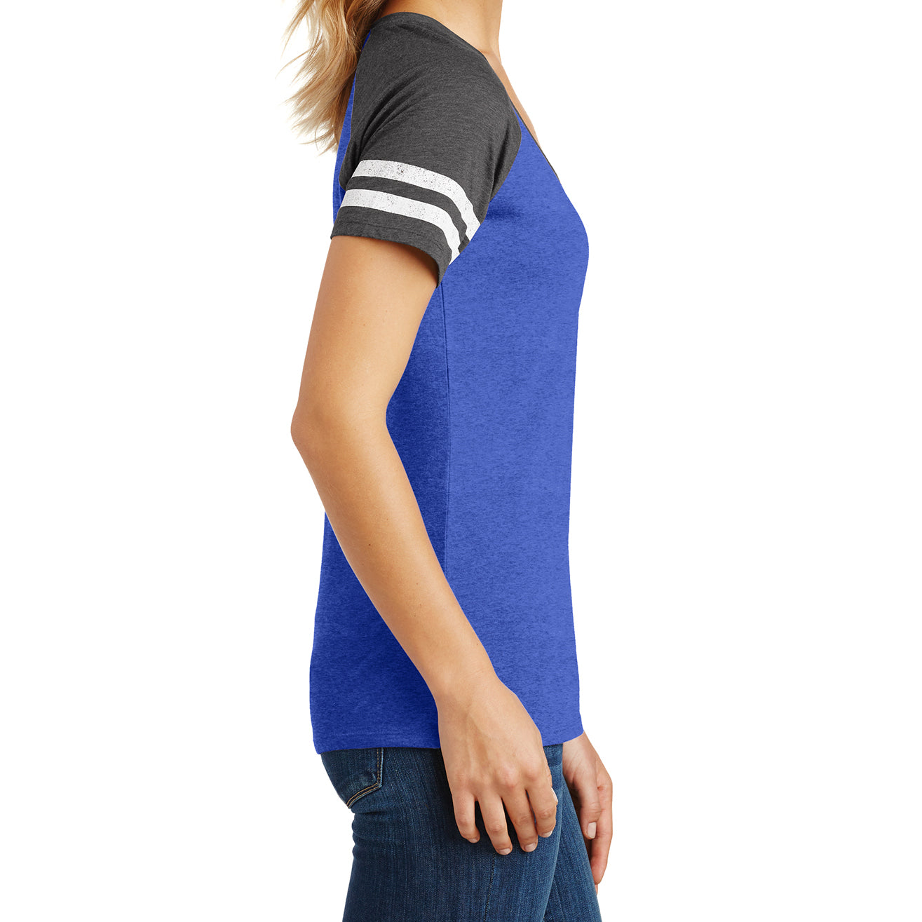 Womens Game V-Neck Tee - Heathered True Royal/Heathered Charcoal - Side