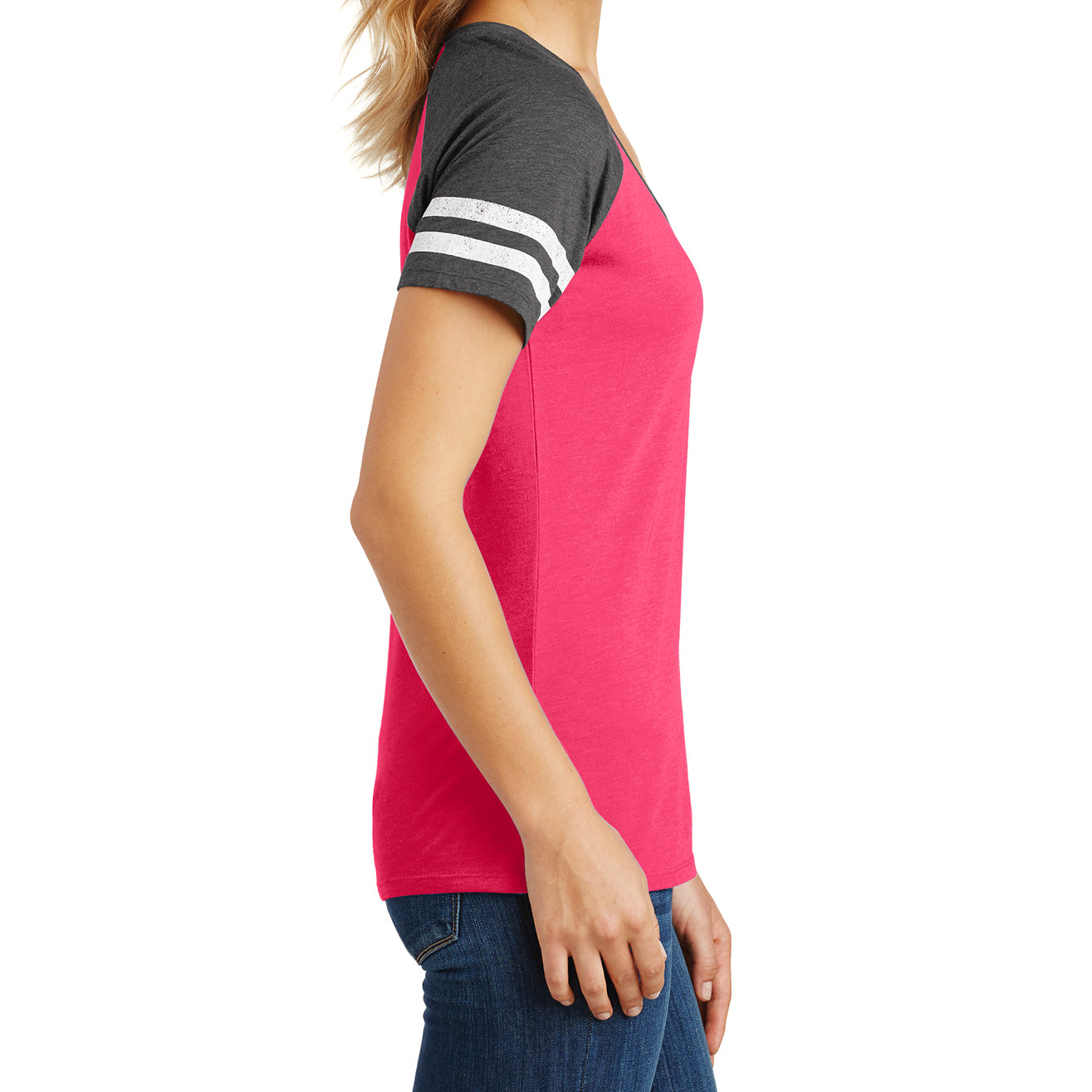 Womens Game V-Neck Tee - Heathered Watermelon/Heathered Charcoal - Side