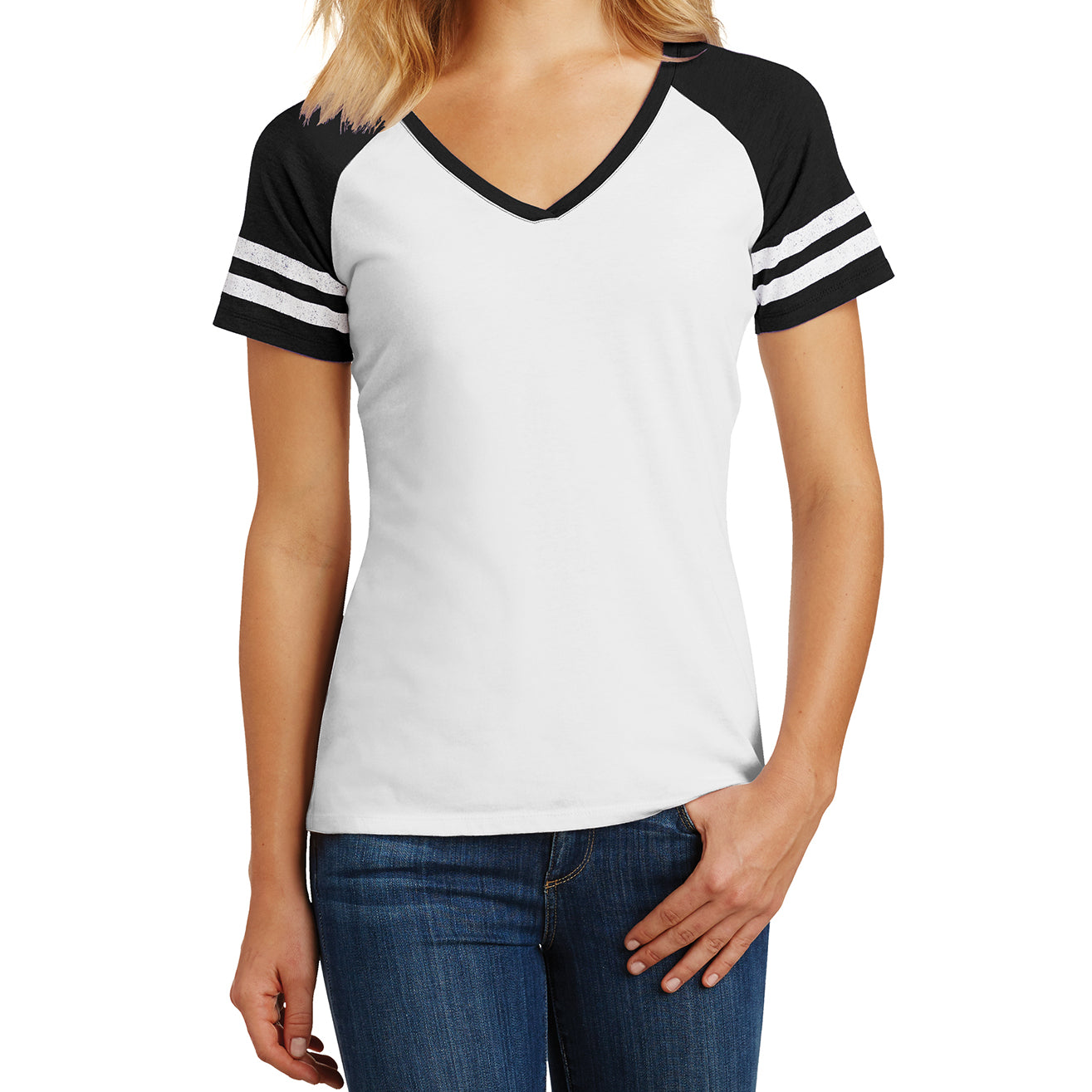 Womens Game V-Neck Tee - White/Black - Front