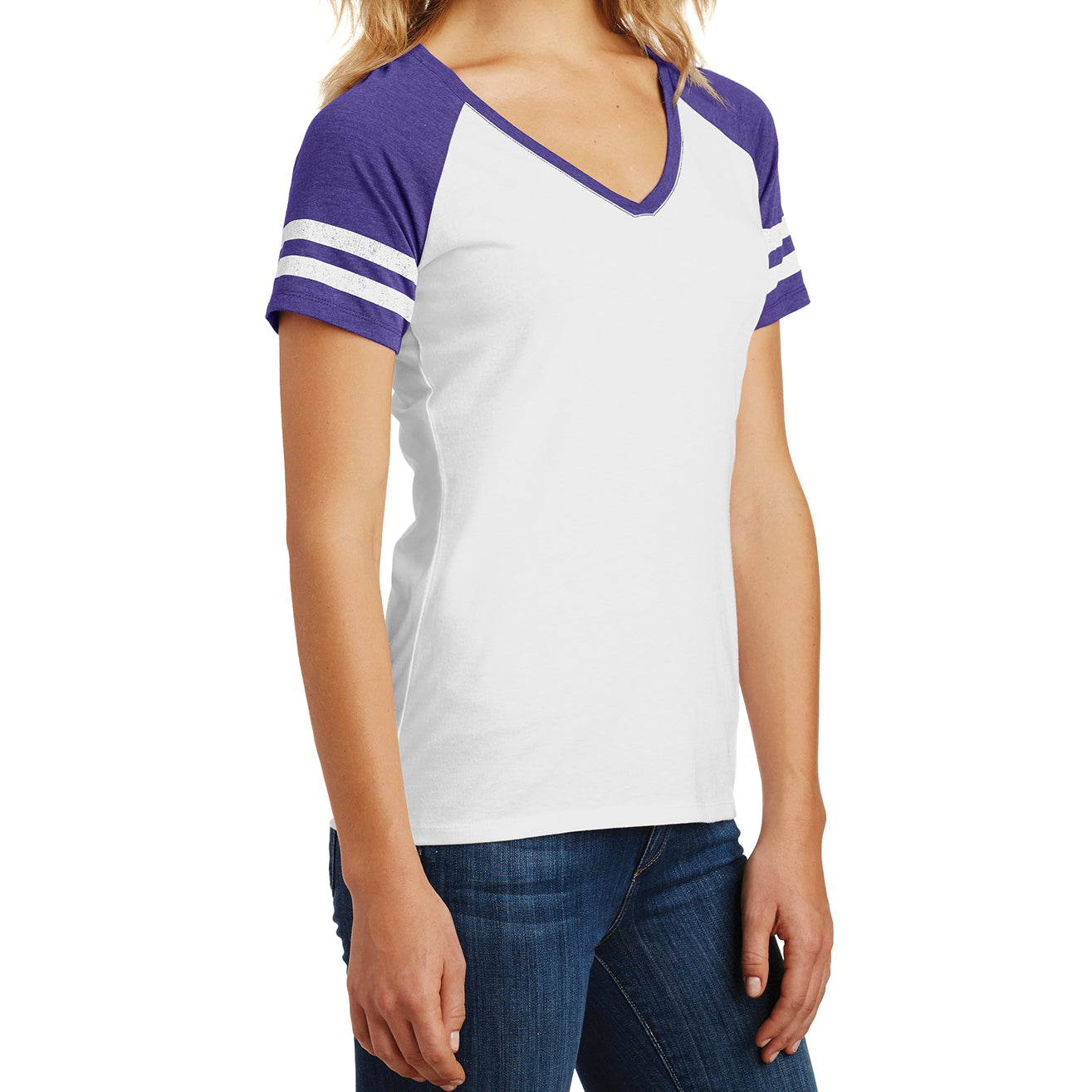 Womens Game V-Neck Tee - White/Heathered Purple - Side