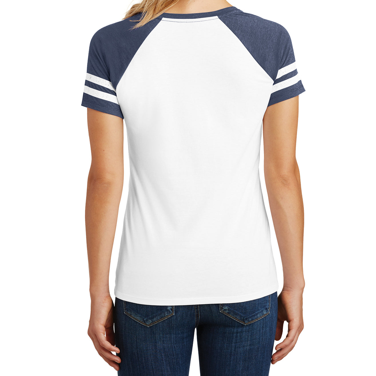 Womens Game V-Neck Tee - White/Heathered True Navy - Back