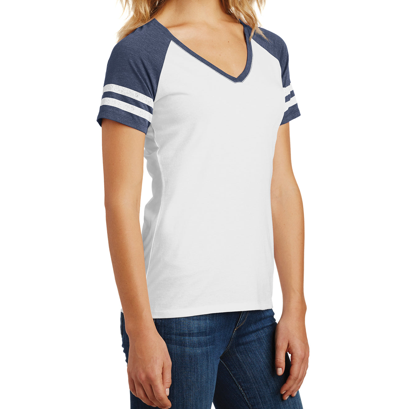 Womens Game V-Neck Tee - White/Heathered True Navy - Side