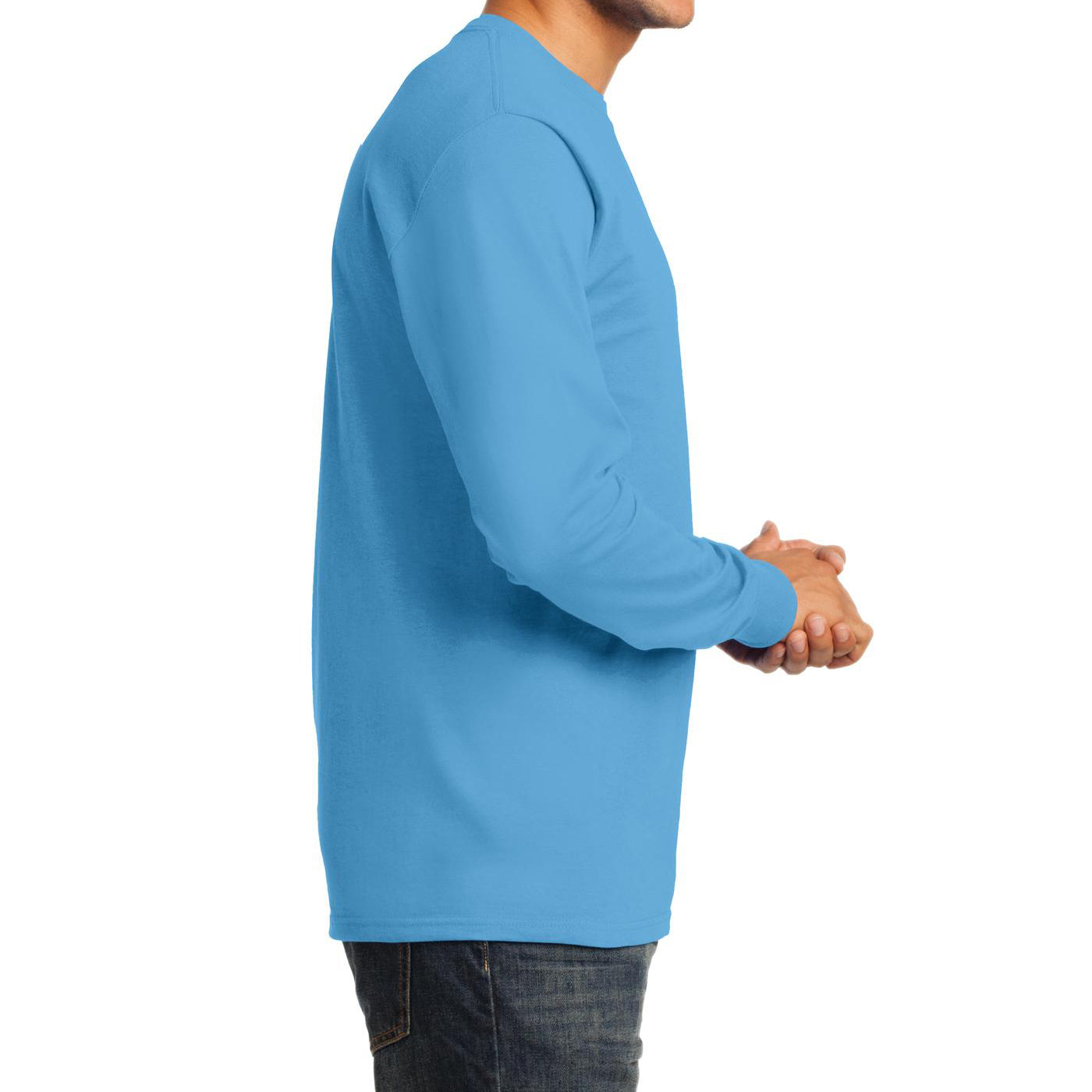 Men's Long Sleeve Essential Tee - Aquatic Blue - Side