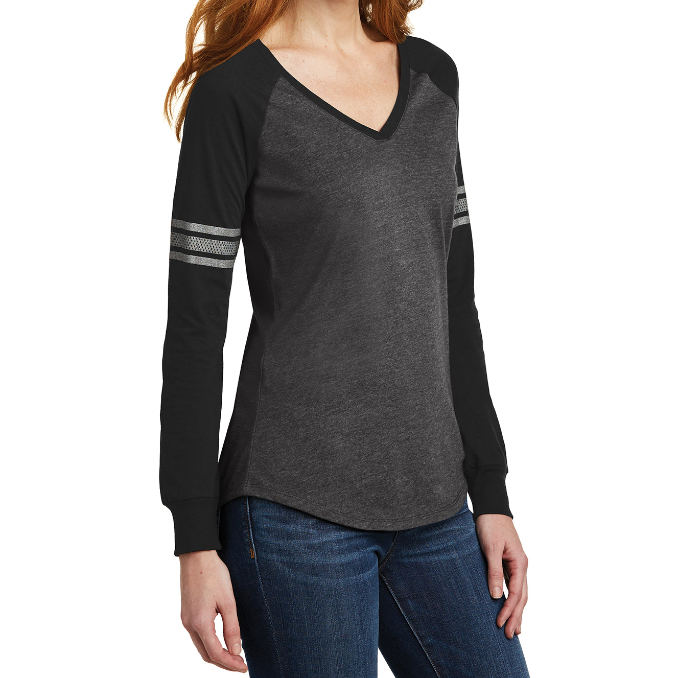 Women's Game Long Sleeve V-Neck Tee - Heathered Charcoal/ Black/ Silver - Side