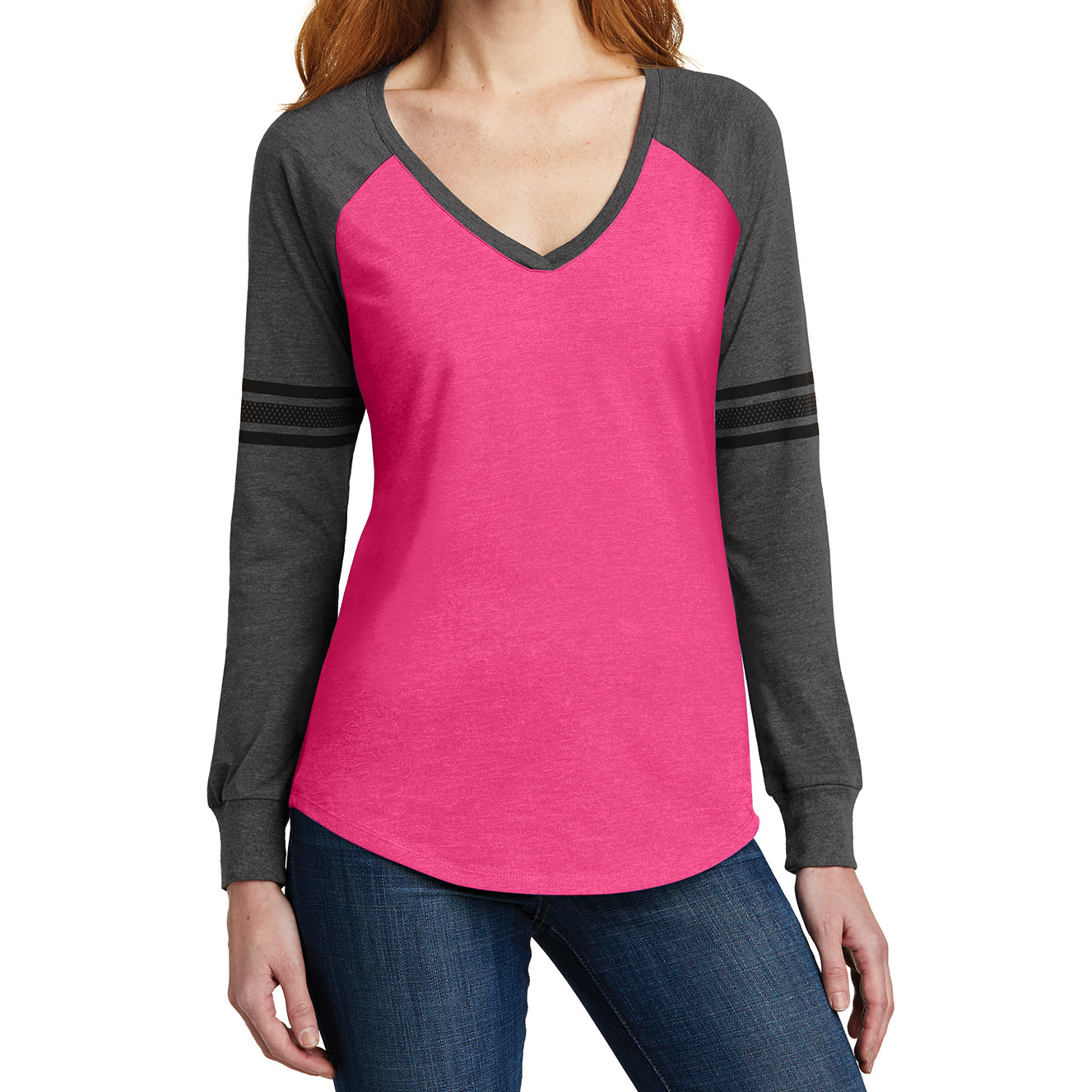 Women's Game Long Sleeve V-Neck Tee - Heathered Dark Fuchsia/ Heathered Charcoal/ Black - Front