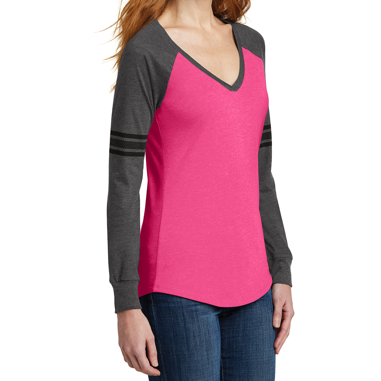 Women's Game Long Sleeve V-Neck Tee - Heathered Dark Fuchsia/ Heathered Charcoal/ Black - Side