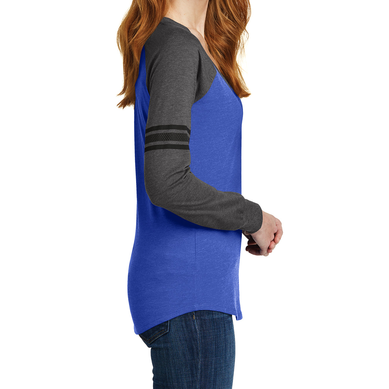 Women's Game Long Sleeve V-Neck Tee - Heathered True Royal/ Heathered Charcoal/ Black - Side