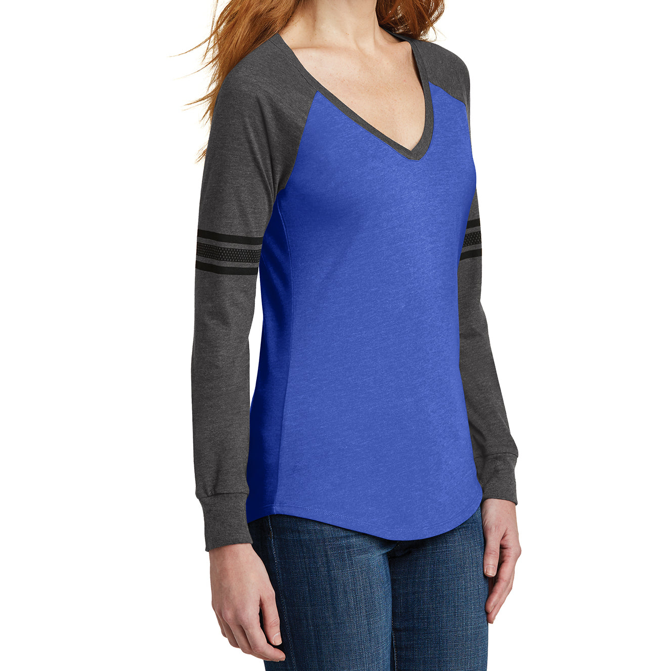 Women's Game Long Sleeve V-Neck Tee - Heathered True Royal/ Heathered Charcoal/ Black - Side