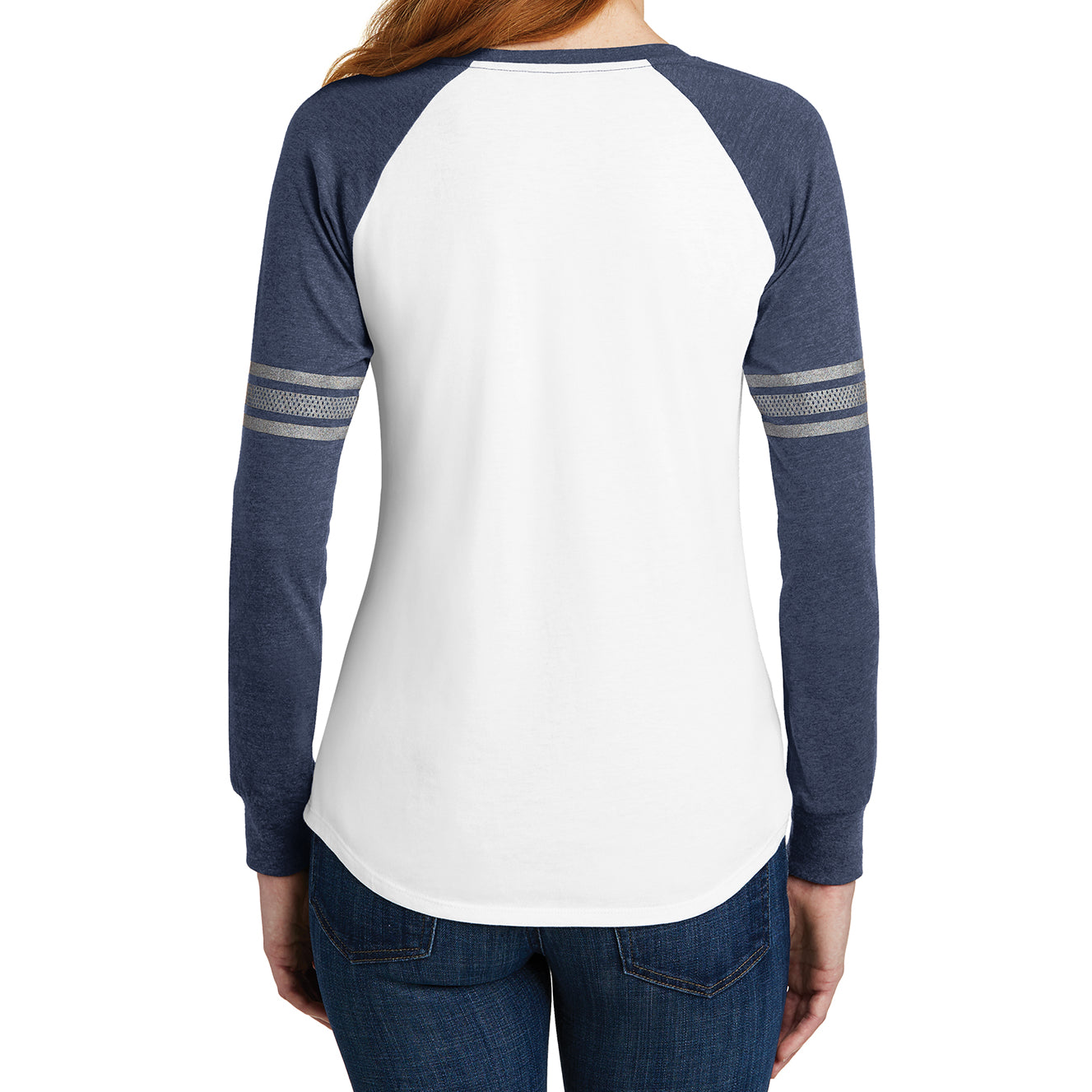 Women's Game Long Sleeve V-Neck Tee - White/ Heathered Navy/ Silver - Back