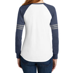 Women's Game Long Sleeve V-Neck Tee - White/ Heathered Navy/ Silver - Back