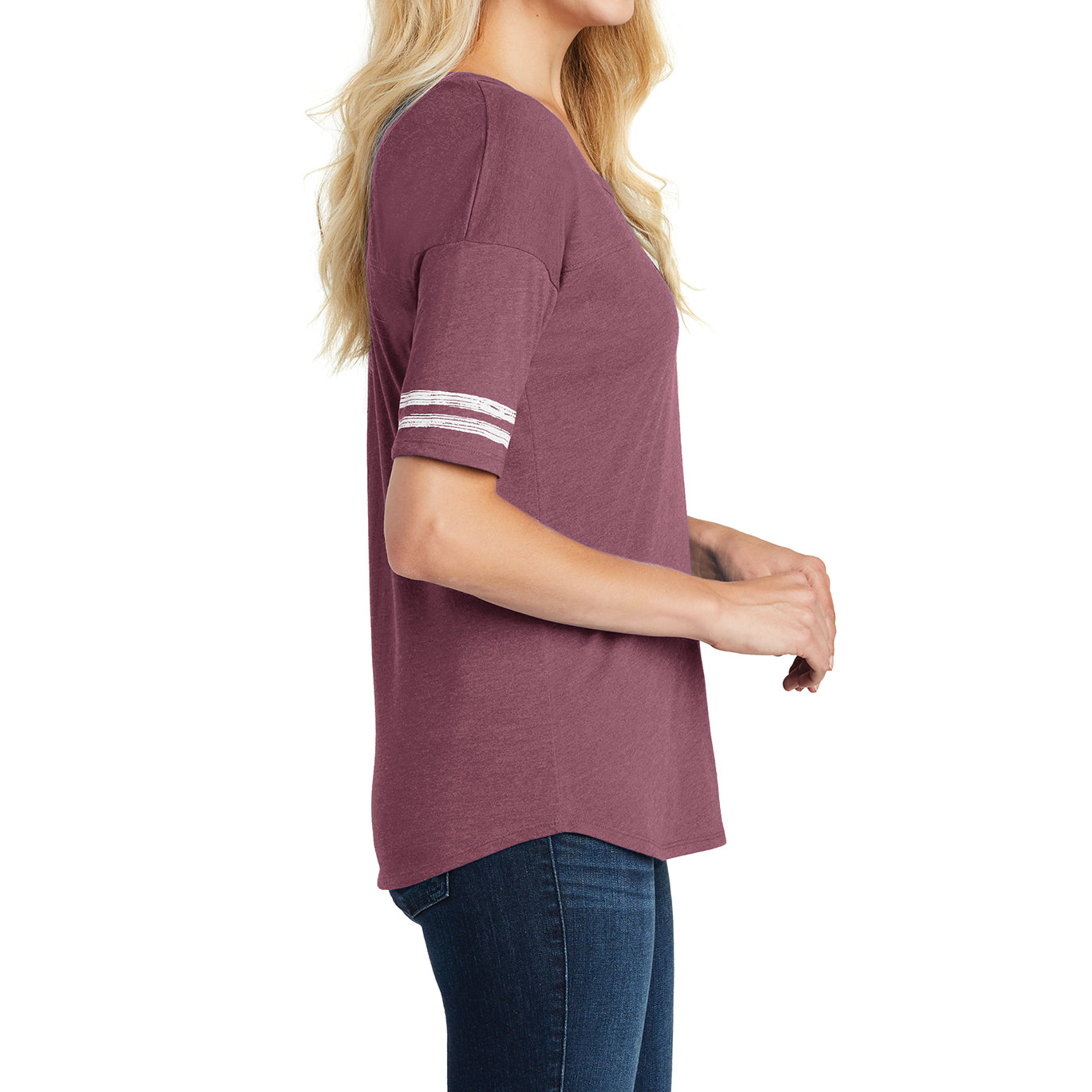 Women's Scorecard Tee Distressed Printed Stripes - Heathered Cardinal/White - Side