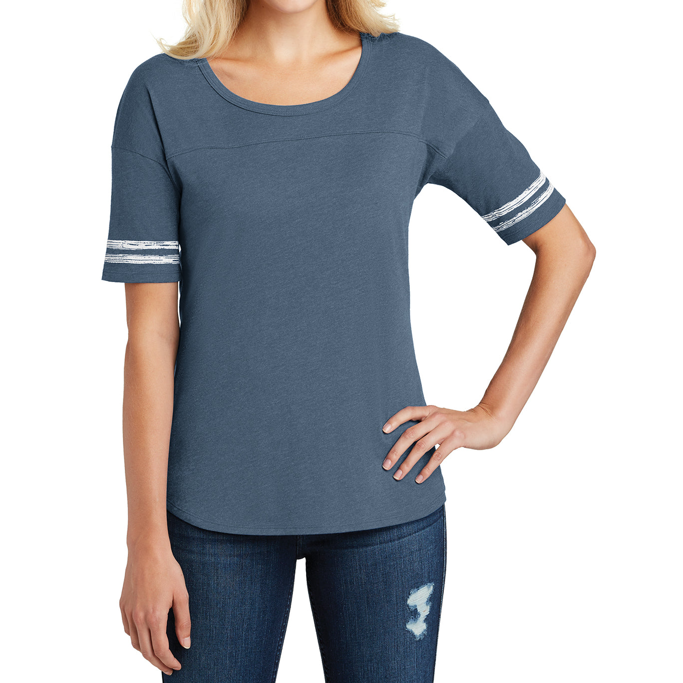 Women's Scorecard Tee Distressed Printed Stripes - Heathered True Navy/White - Front
