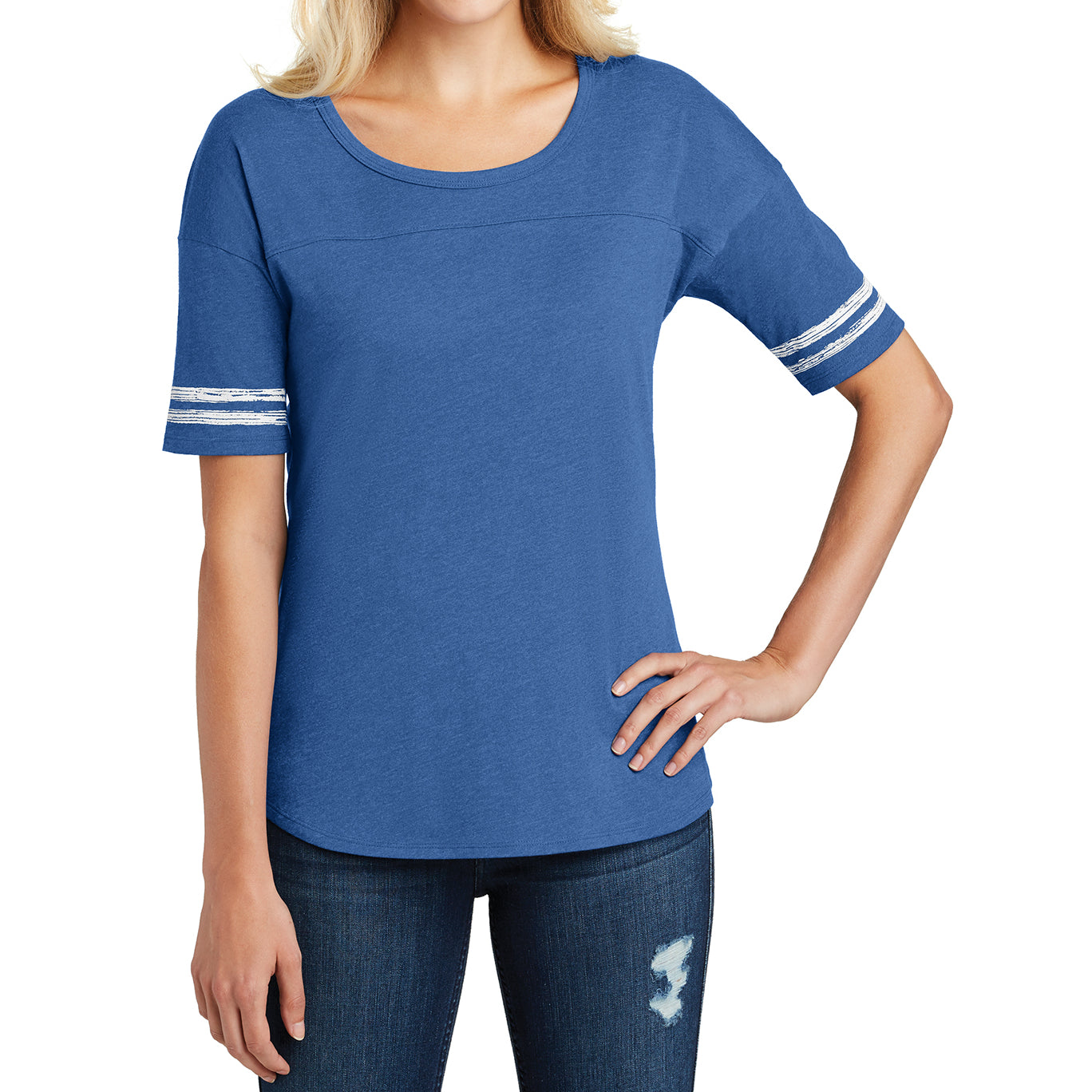 Women's Scorecard Tee Distressed Printed Stripes - Heathered True Royal/White - Front