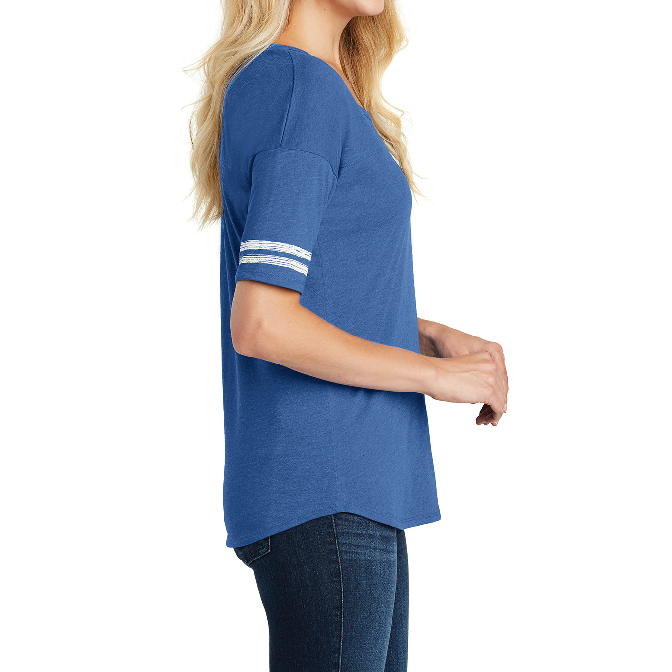 Women's Scorecard Tee Distressed Printed Stripes - Heathered True Royal/White - Side