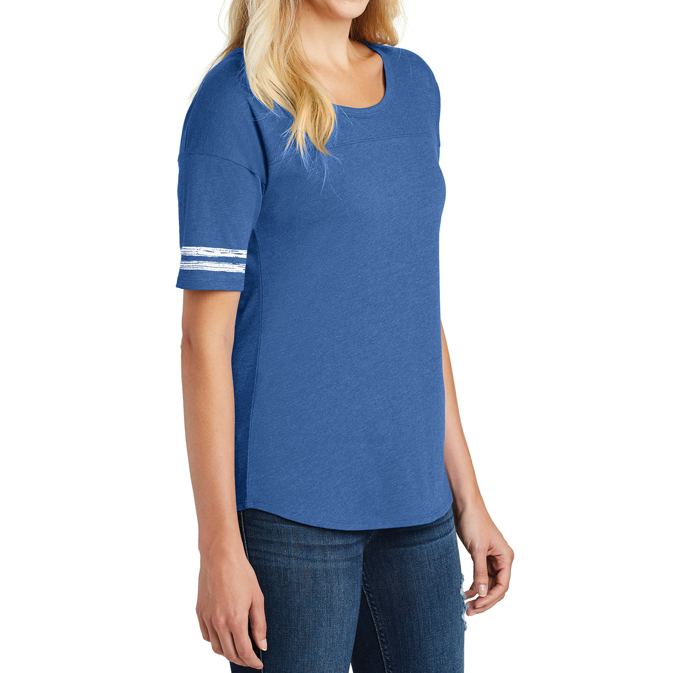 Women's Scorecard Tee Distressed Printed Stripes - Heathered True Royal/White - Side