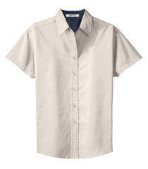 Mafoose Women's Comfortable Short Sleeve Easy Care Shirt Light Stone/Classic Navy-Front