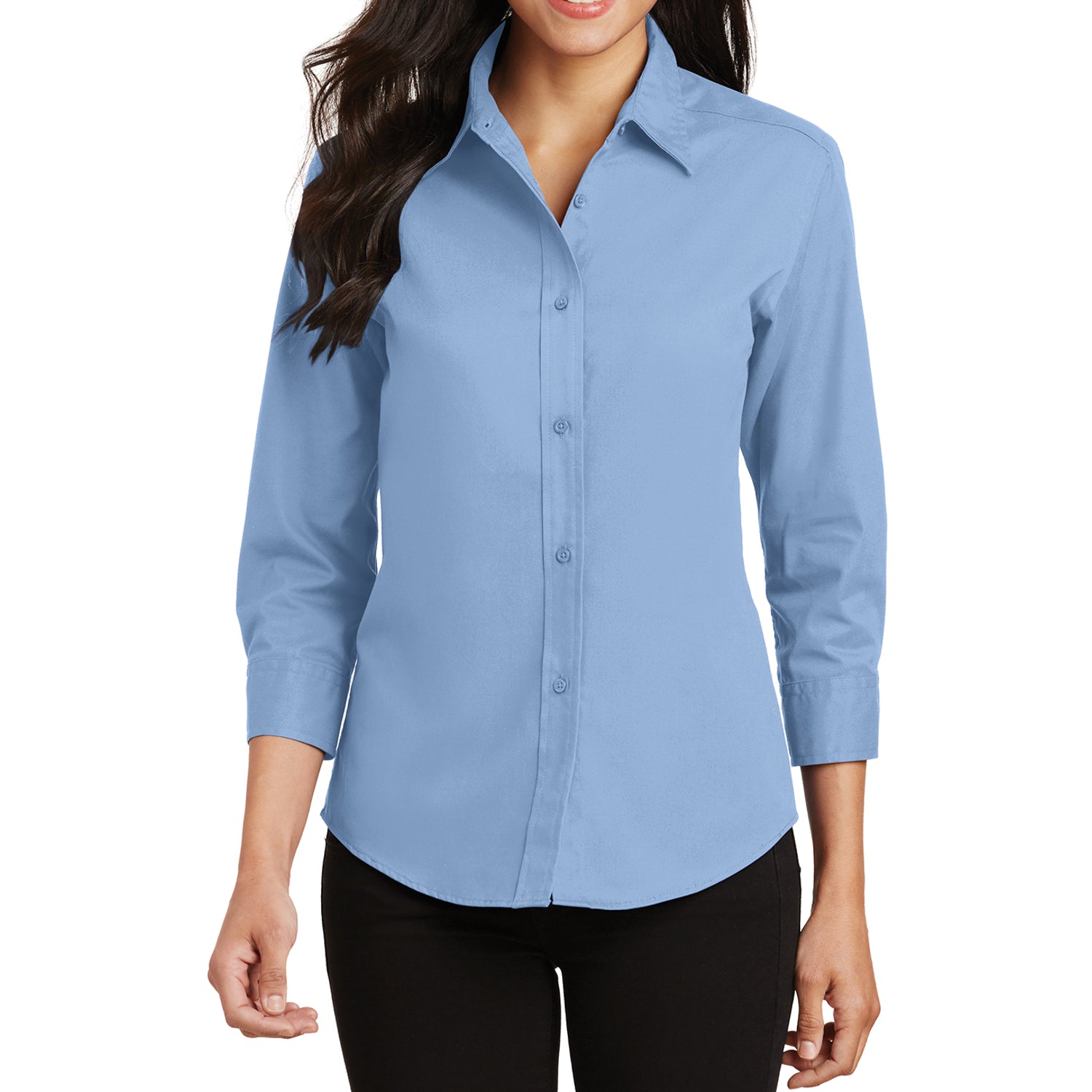 Mafoose Women's 3/4-Sleeve Traditional Easy Care Shirt Light Blue-Front