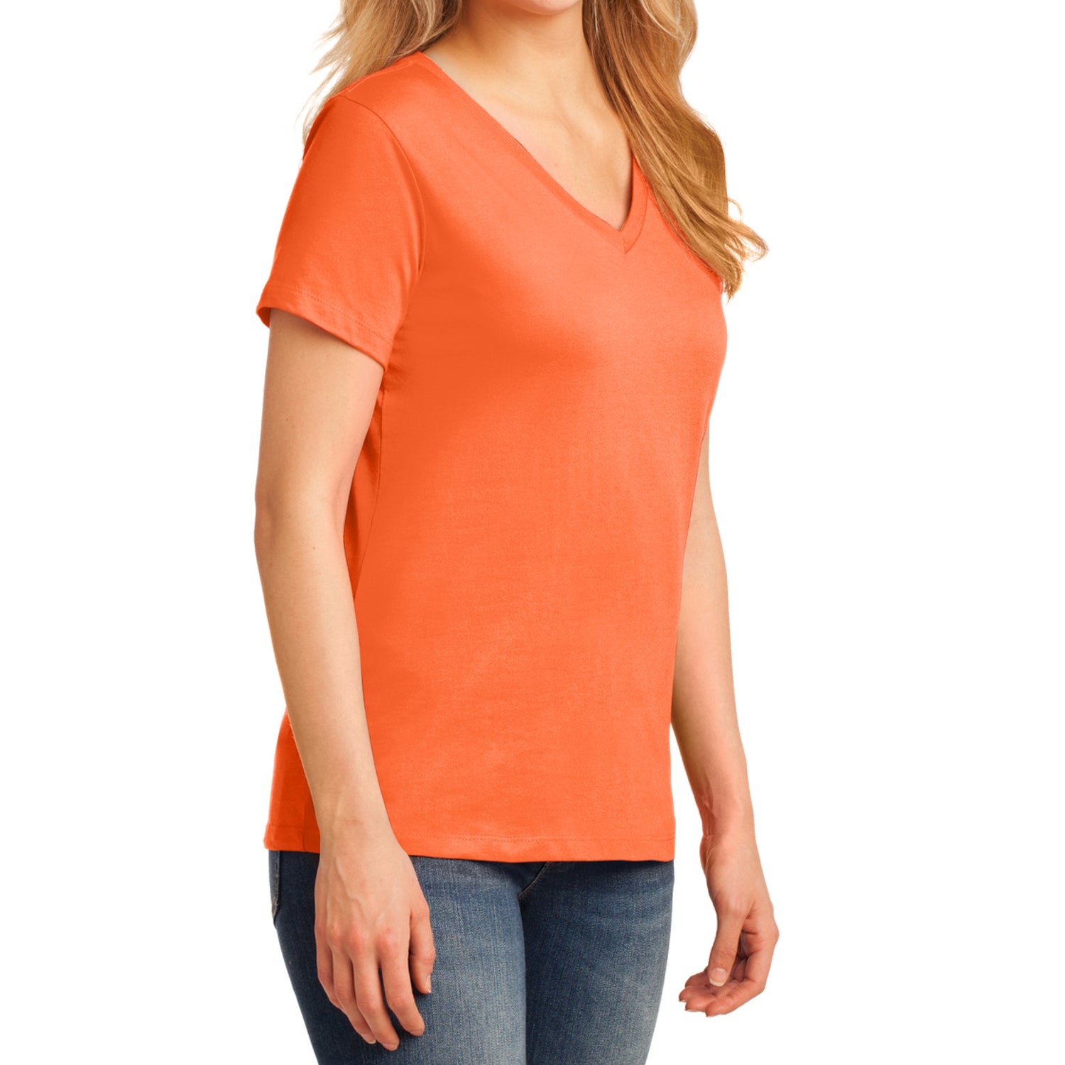 Women's Core Cotton V-Neck Tee - Neon Orange - Side