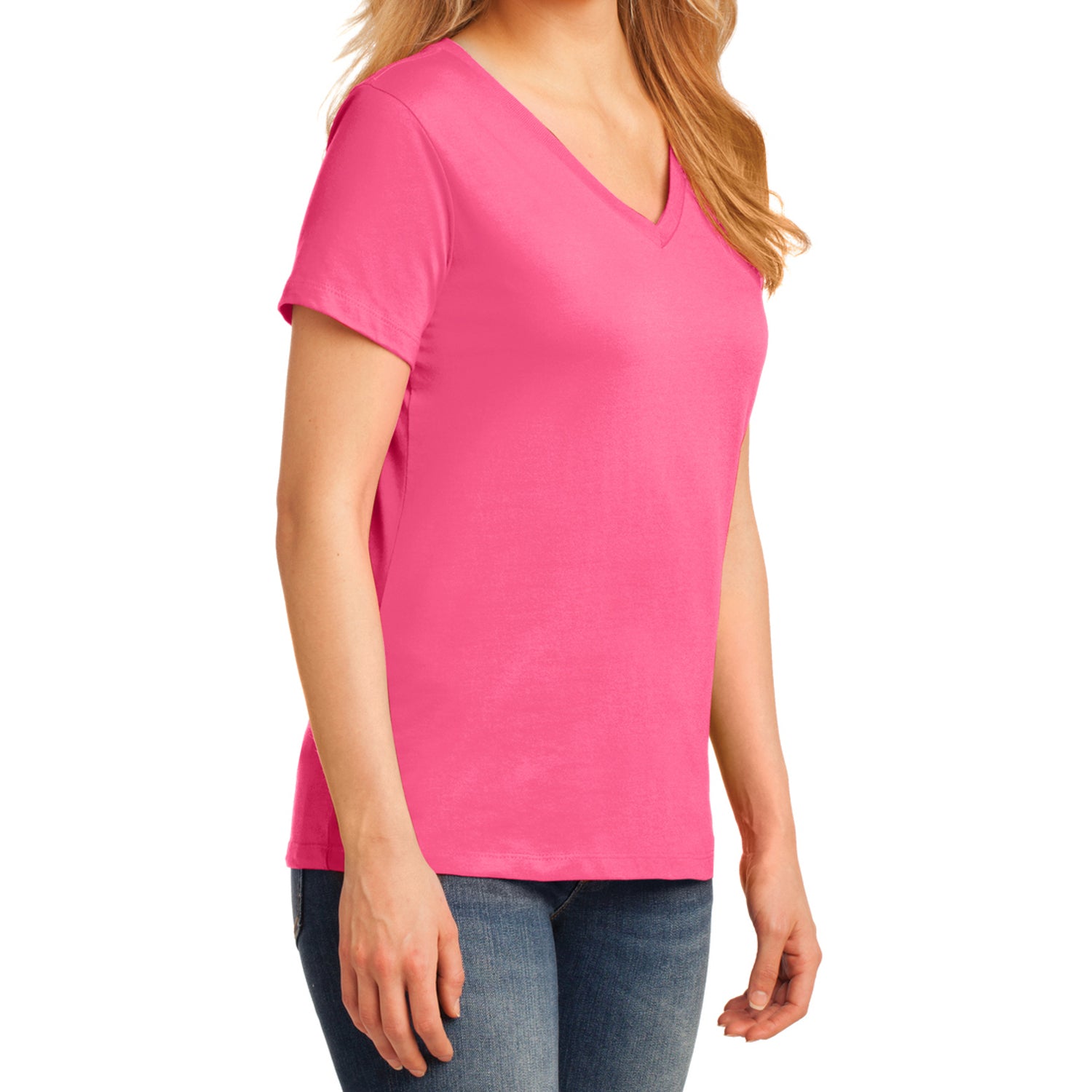 Women's Core Cotton V-Neck Tee - Neon Pink - Side