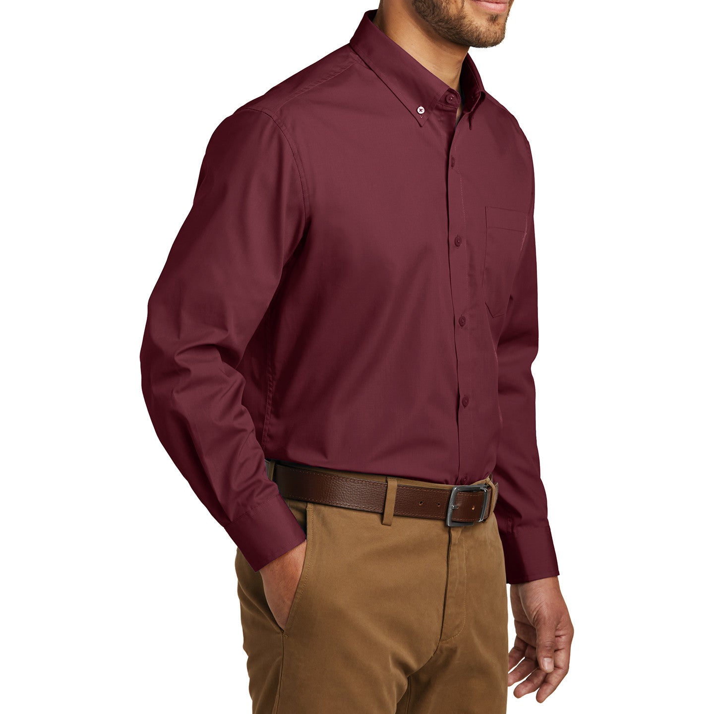 Men's Classic Long Sleeve Stain Release Carefree Poplin Woven Shirt Burgundy