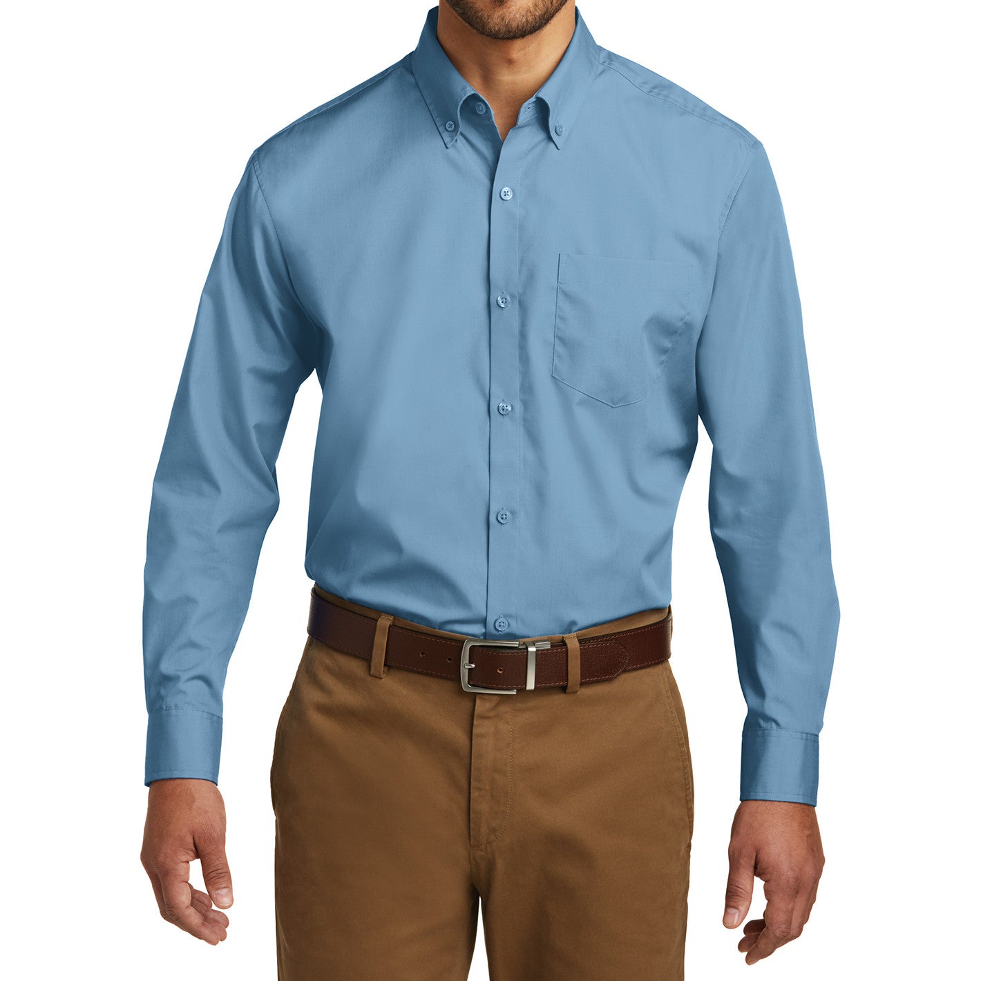 Men's Classic Long Sleeve Stain Release Carefree Poplin Woven Shirt Carolina Blue