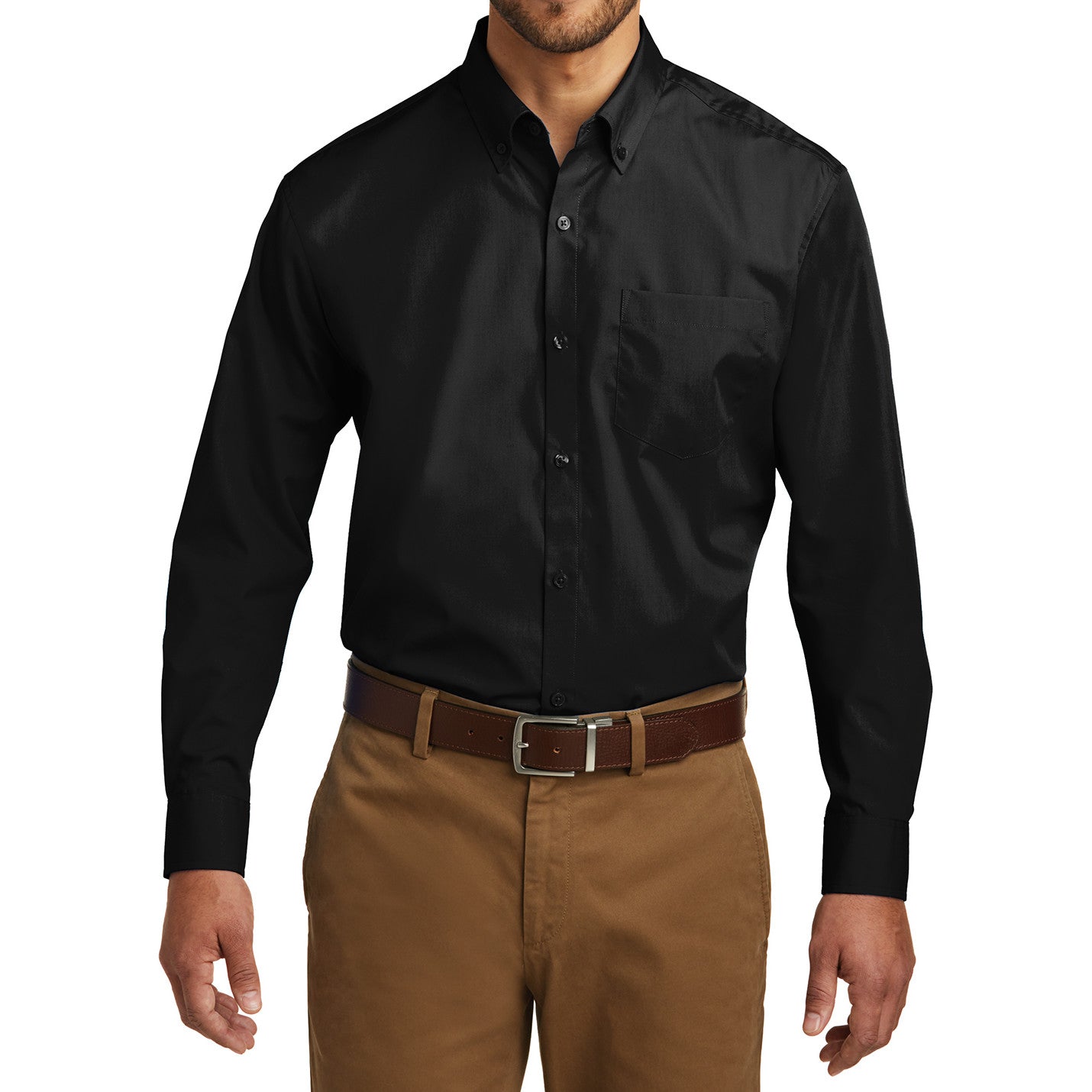 Men's Classic Long Sleeve Stain Release Carefree Poplin Woven Shirt Deep Black