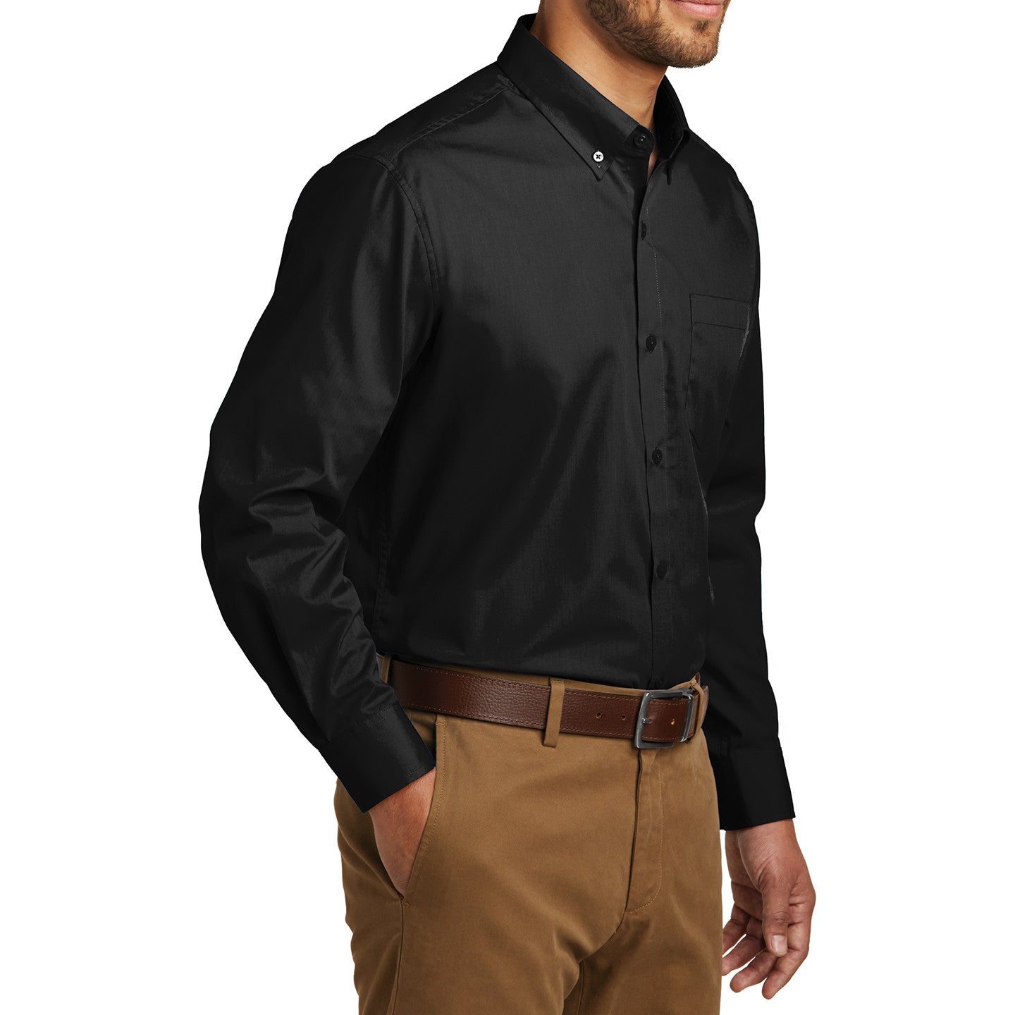 Men's Classic Long Sleeve Stain Release Carefree Poplin Woven Shirt Deep Black