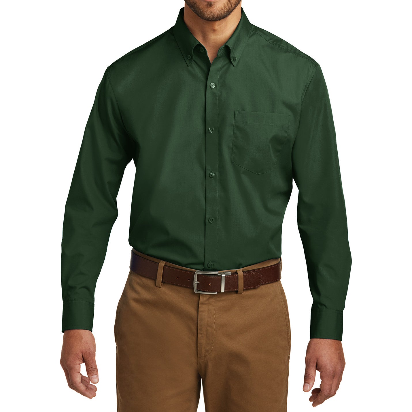 Men's Classic Long Sleeve Stain Release Carefree Poplin Woven Shirt Deep Forest Green