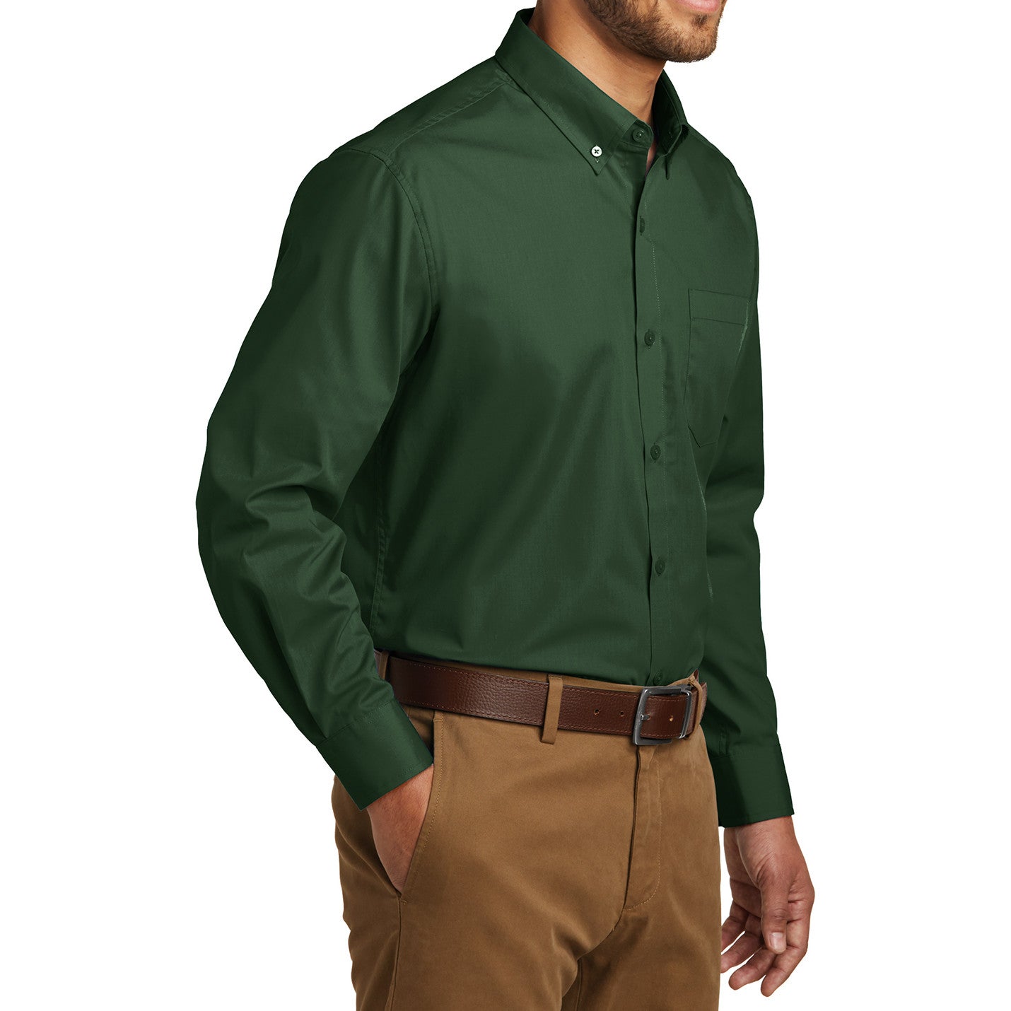 Men's Classic Long Sleeve Stain Release Carefree Poplin Woven Shirt Deep Forest Green