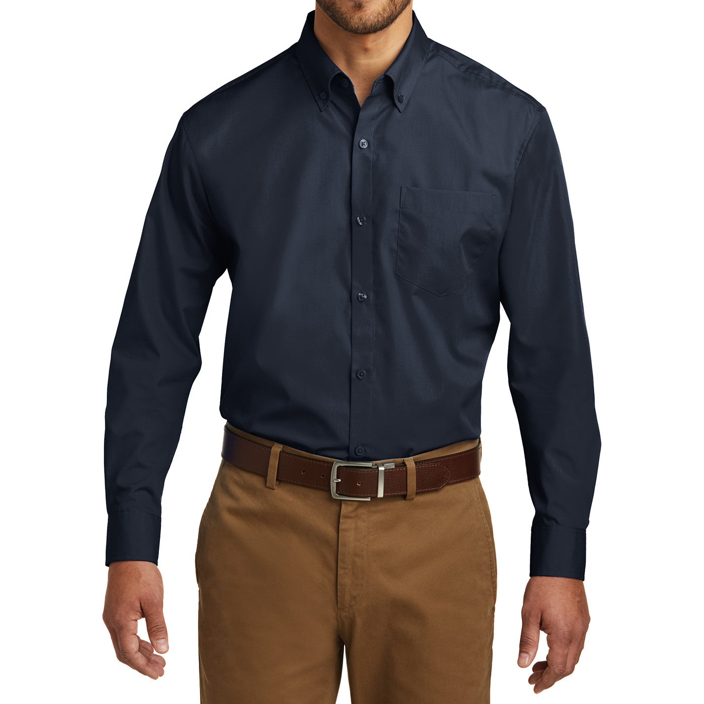 Men's Classic Long Sleeve Stain Release Carefree Poplin Woven Shirt River Blue Navy